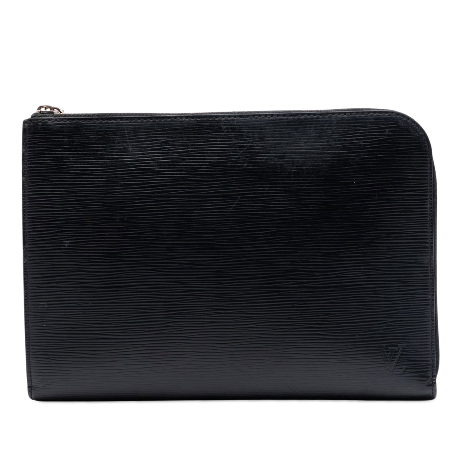 Louis Vuitton Pochette Jour PM black Epi leather clutch: Louis Vuitton Pochette Jour PM black Epi leather clutch Louis Vuitton Epi Pochette Jour PM in black Epi leather with a zip-around closure and interior slip pockets. Made in France. Condition is B+ wit