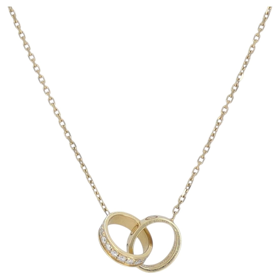 Cartier Love Double Ring Diamond Pendant Necklace in 18k Yellow Gold: Cartier Love Double Ring Diamond Pendant Necklace in 18k Yellow Gold This Cartier LOVE interlocking pendant necklace is crafted in 18k yellow gold and features the iconic double ring motif from the Lo
