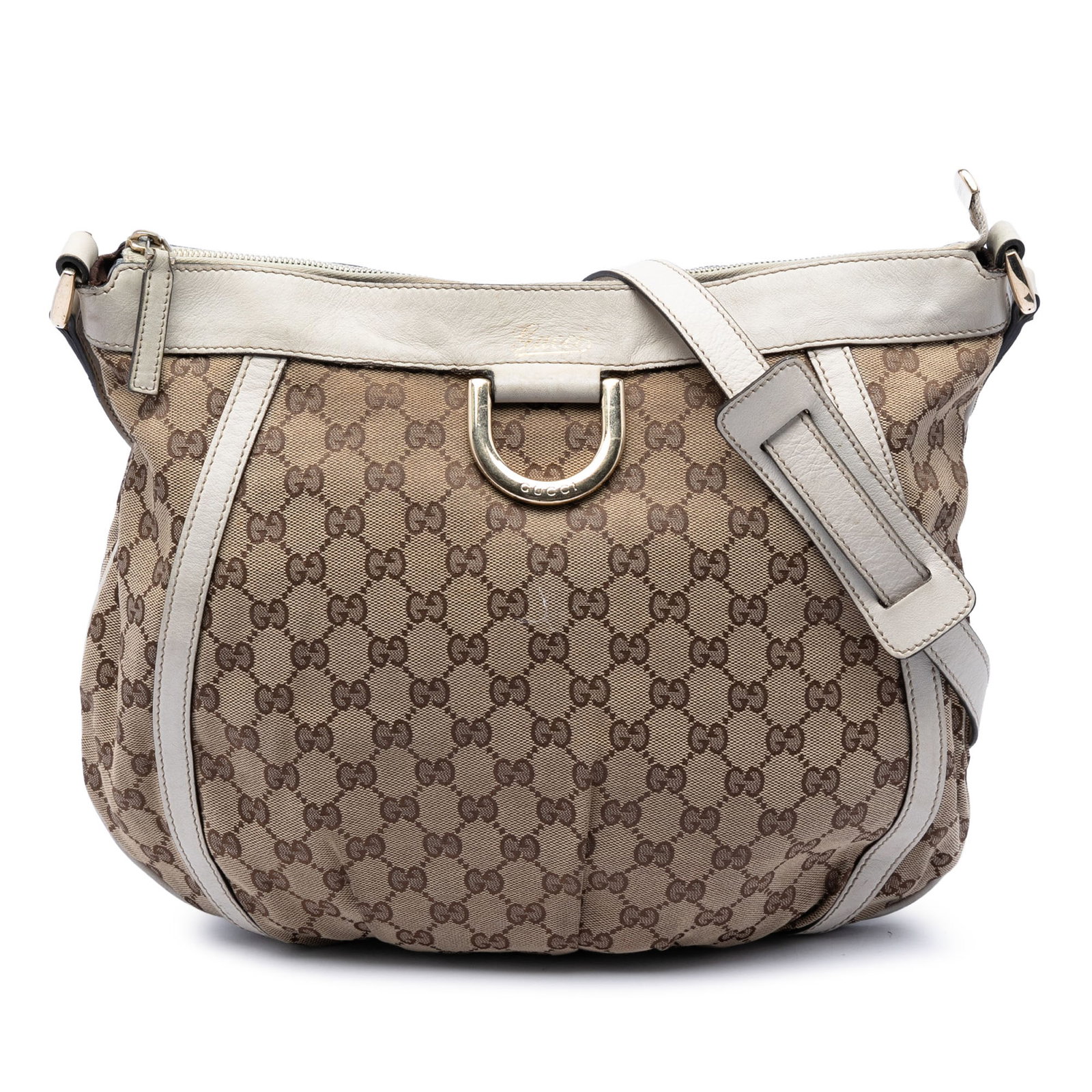 Gucci Abbey D Ring Crossbody Bag in Beige GG Canvas: Gucci Abbey D Ring Crossbody Bag in Beige GG Canvas Gucci GG Canvas Abbey D Ring Crossbody bag in beige with leather trim. This crossbody features a canvas body, a flat leather strap, a top zip closur