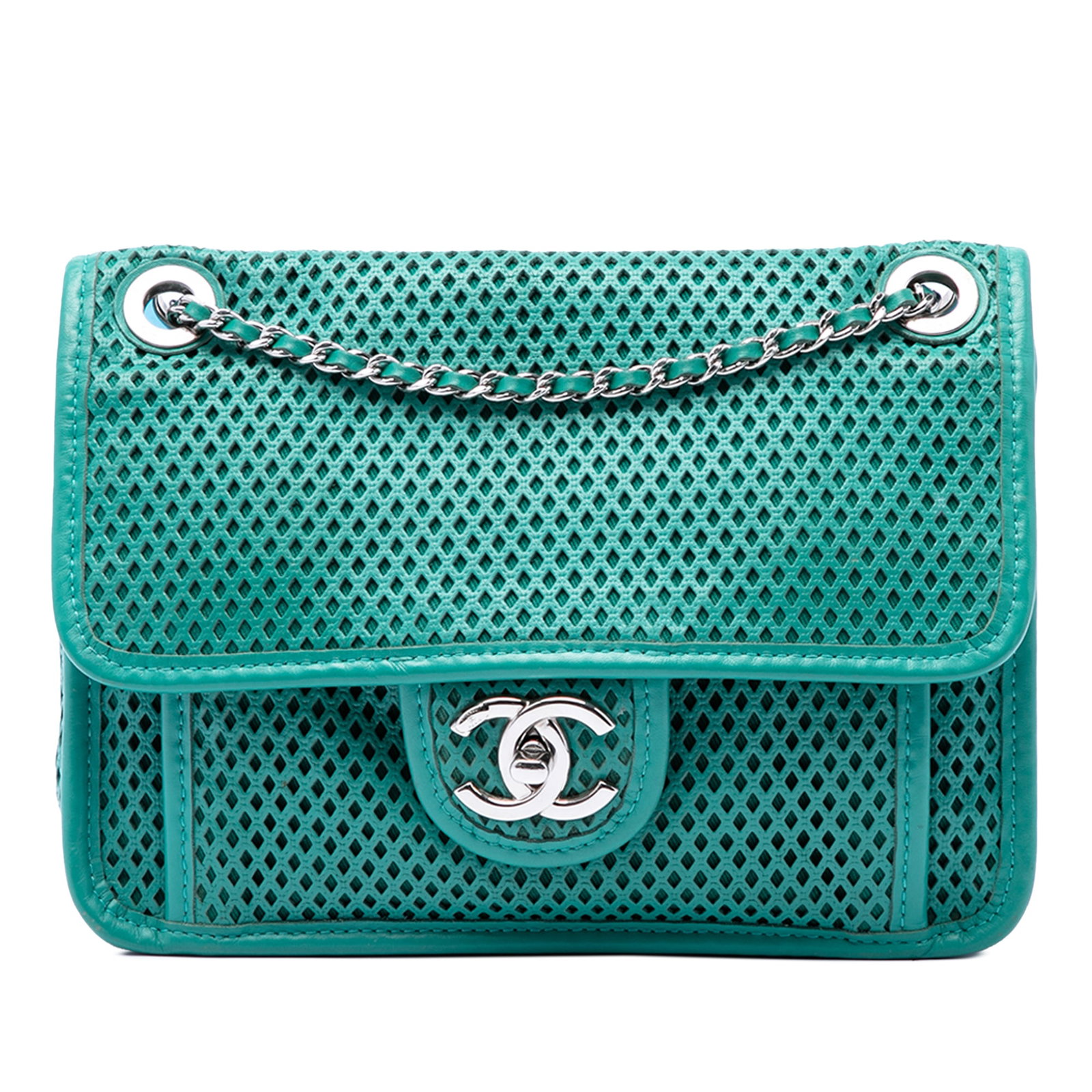 Chanel Up In The Air Small Green Perforated Calfskin Shoulder Bag: Chanel Up In The Air Small Green Perforated Calfskin Shoulder Bag Small Chanel Up In The Air flap shoulder bag in green perforated calfskin with woven leather chain shoulder straps, a front flap with 
