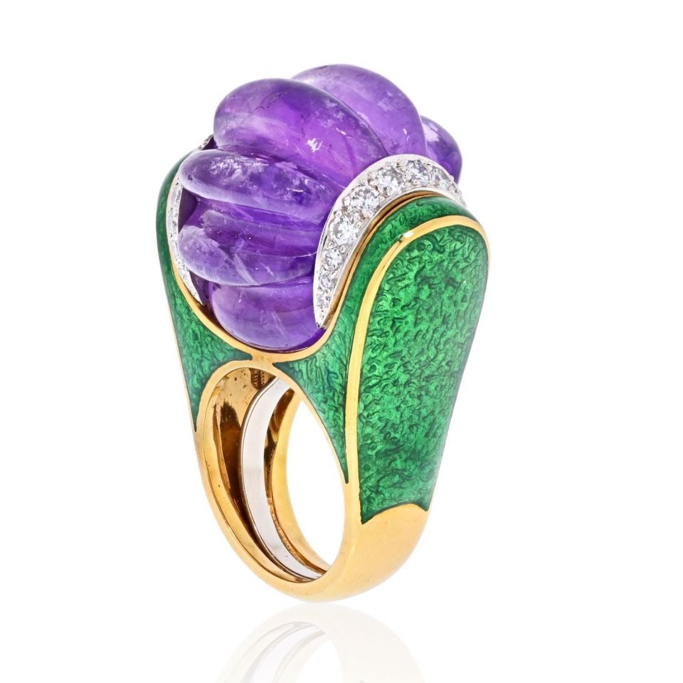 David Webb Estate Ring Purple Amethyst Green Enamel Diamond 18K Gold: David Webb Estate Ring Purple Amethyst Green Enamel Diamond 18K Gold This exquisite estate ring by David Webb showcases a stunning blend of luxurious materials and intricate design. Crafted from plati