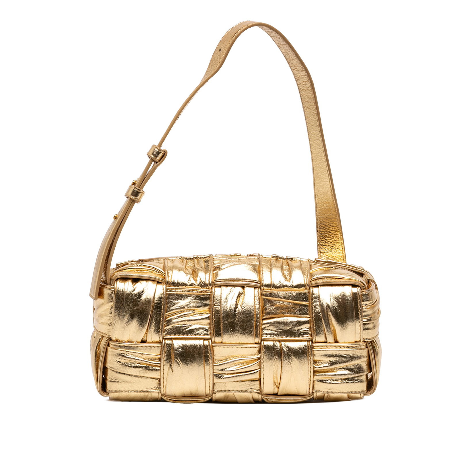 Bottega Veneta Brick Cassette Small Metallic Intrecciato Lambskin Shoulder Bag: Bottega Veneta Brick Cassette Small Metallic Intrecciato Lambskin Shoulder Bag A Bottega Veneta Small Metallic Lambskin Intrecciato Plisse Brick Cassette shoulder bag in gold. It features a woven lamb