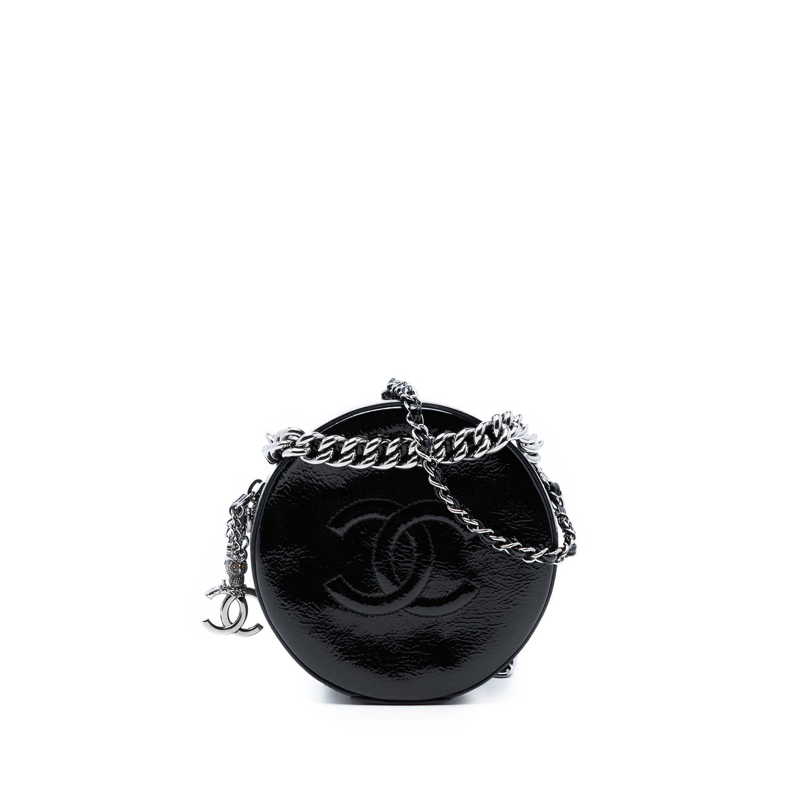 Chanel Patent Round As Earth Satchel Black Leather: Chanel Patent Round As Earth Satchel Black Leather This Chanel Patent Round As Earth Bag is crafted from black patent leather and features a distinctive round silhouette. It is designed with a chain l