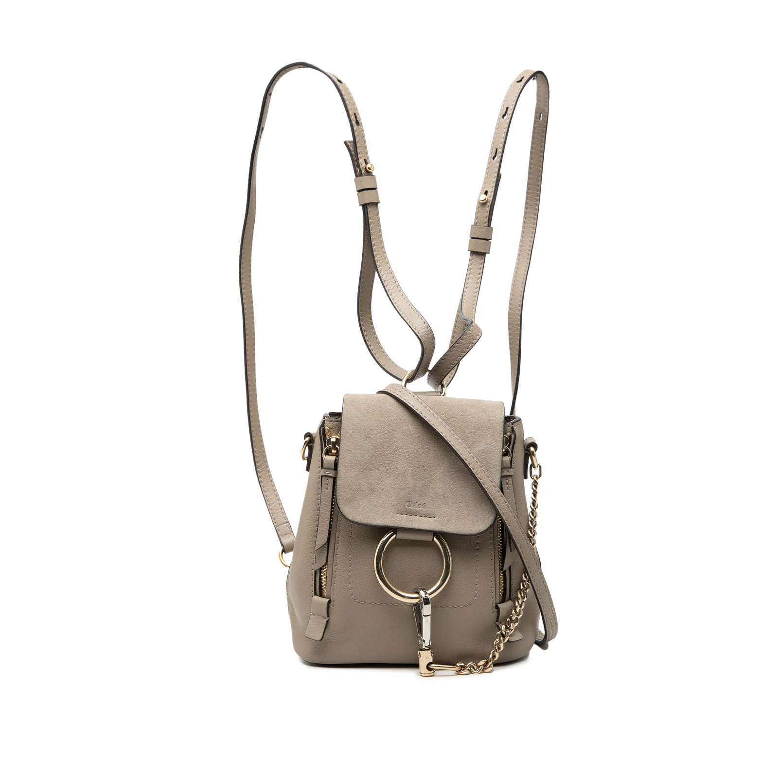 Chloe Faye Mini Backpack in Calfskin Suede: Chloe Faye Mini Backpack in Calfskin Suede This Chloe Mini Faye backpack is crafted from a combination of calfskin leather and suede. It features a leather body with zip details, a suede front flap se