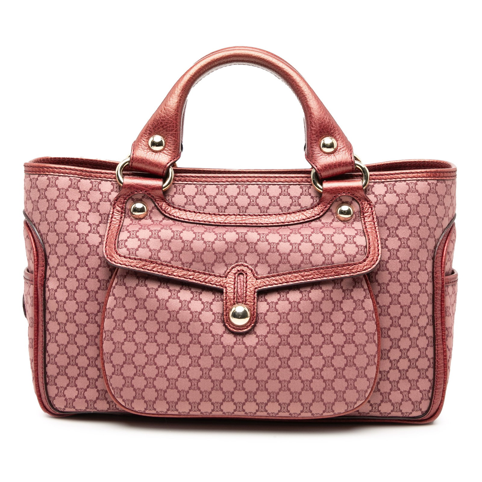 Celine Macadam Pink Canvas Boogie Tote: Celine Macadam Pink Canvas Boogie Tote This Celine Macadam Canvas Boogie Handbag features a durable canvas body with leather trim, rolled leather handles, an open top, exterior front flap and side poc