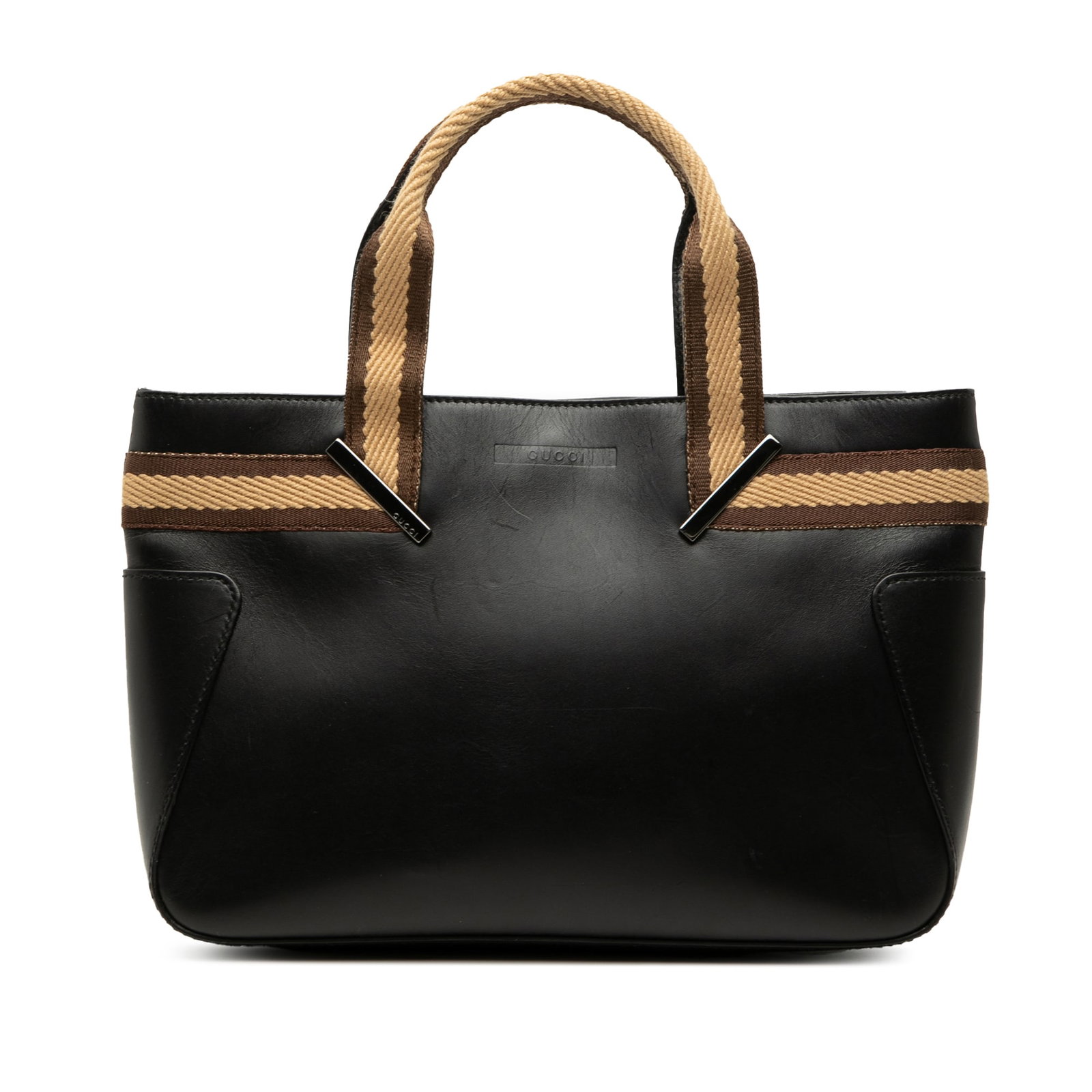 Gucci Calfskin Web Leather Handbag with Canvas Trim: Gucci Calfskin Web Leather Handbag with Canvas Trim Gucci Calfskin Web Handbag in black with a leather body, canvas handles and trim, an open top with magnetic snap closure, and an interior zip pocket
