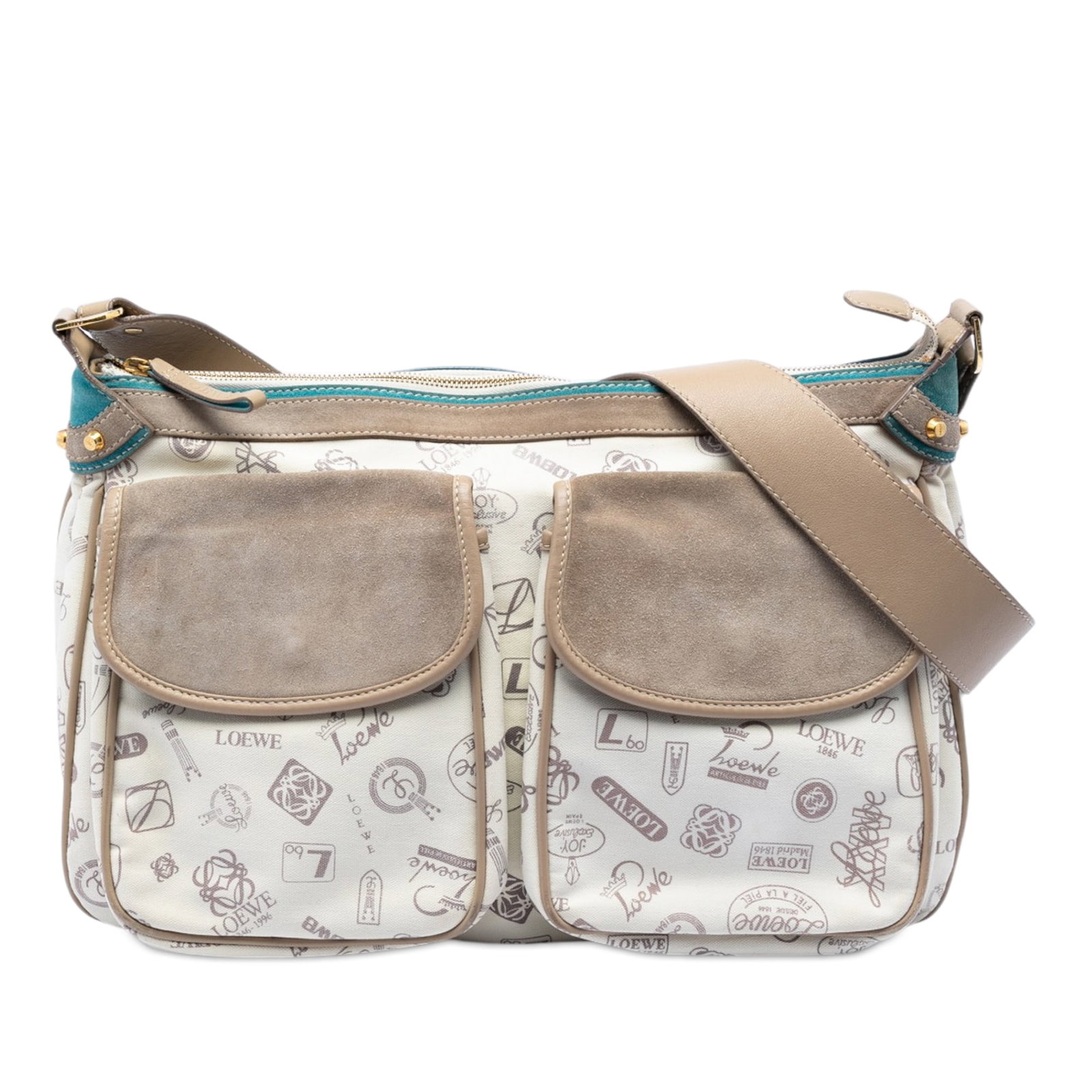 LOEWE 160th Anniversary Canvas Crossbody Bag with Suede Trim: LOEWE 160th Anniversary Canvas Crossbody Bag with Suede Trim LOEWE 160th Anniversary crossbody bag crafted with a canvas body and suede leather trim. It features a flat leather shoulder strap, top zip