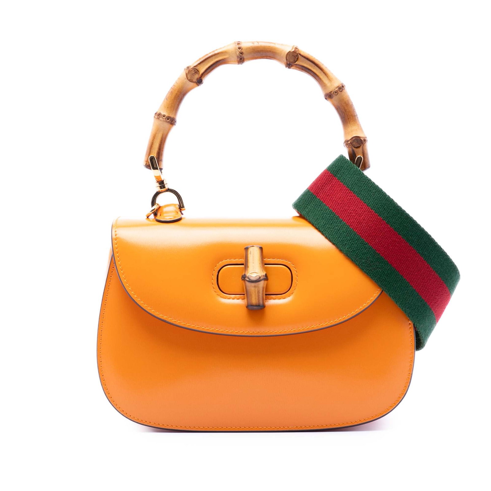 Gucci Bamboo 1947 Orange Leather Satchel with Web Strap: Gucci Bamboo 1947 Orange Leather Satchel with Web Strap This Gucci Small Calfskin Web Bamboo 1947 Top Handle Bag features an orange leather body with a distinctive bamboo top handle. The bag includes 