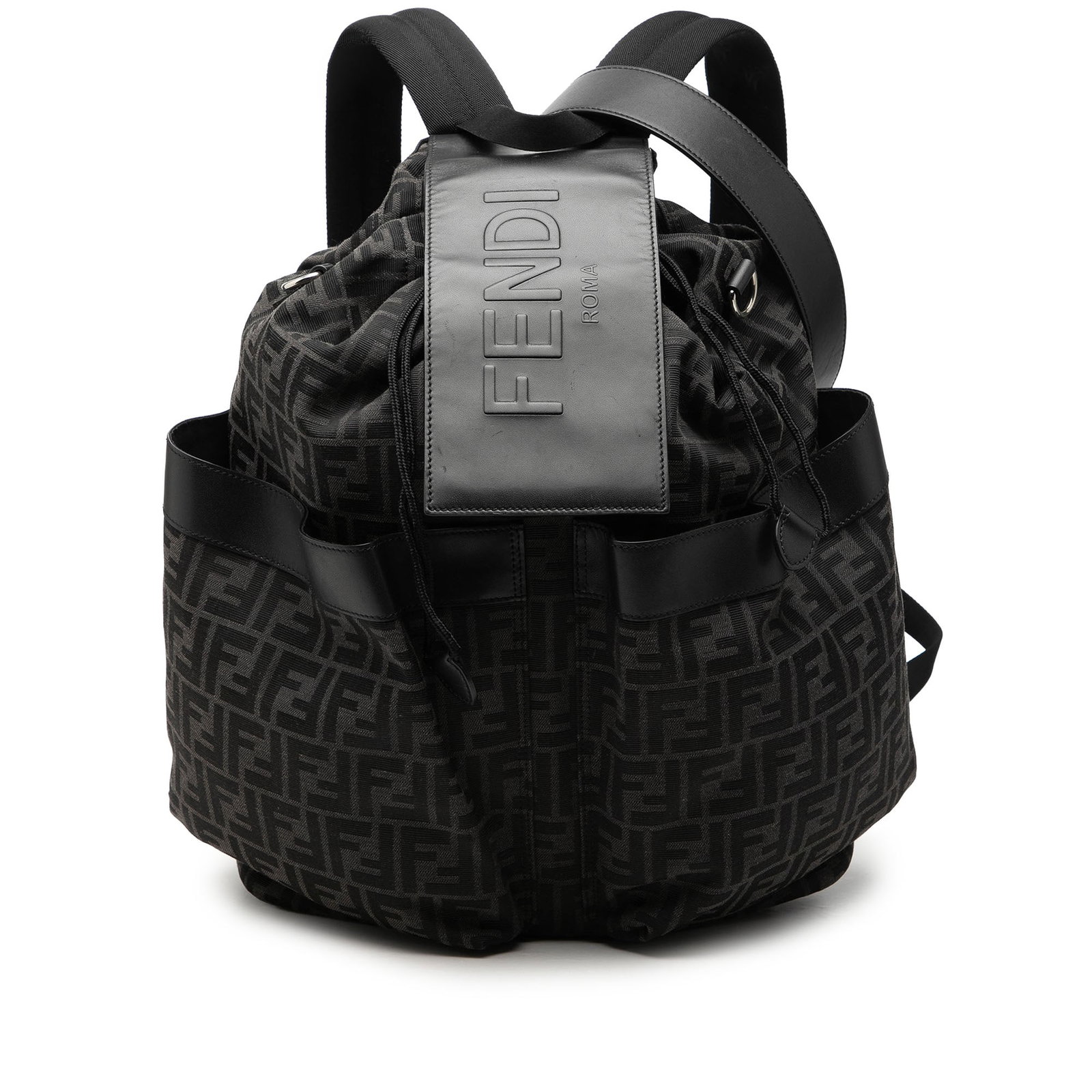Fendi Strike Large FF Jacquard Backpack Gray Fabric: Fendi Strike Large FF Jacquard Backpack Gray Fabric Large Strike backpack in gray FF jacquard fabric with a flat canvas top handle, adjustable flat back straps, and a detachable flat leather shoulder 