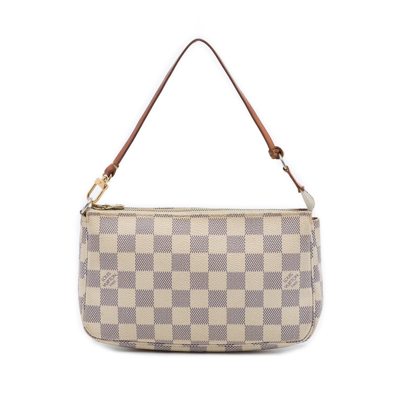 Louis Vuitton Damier Azur Pochette Accessoires Shoulder Bag: Louis Vuitton Damier Azur Pochette Accessoires Shoulder Bag Louis Vuitton Damier Azur Pochette Accessoires with a damier azur canvas body, flat vachetta leather strap, and top zip closure. Made in Spa
