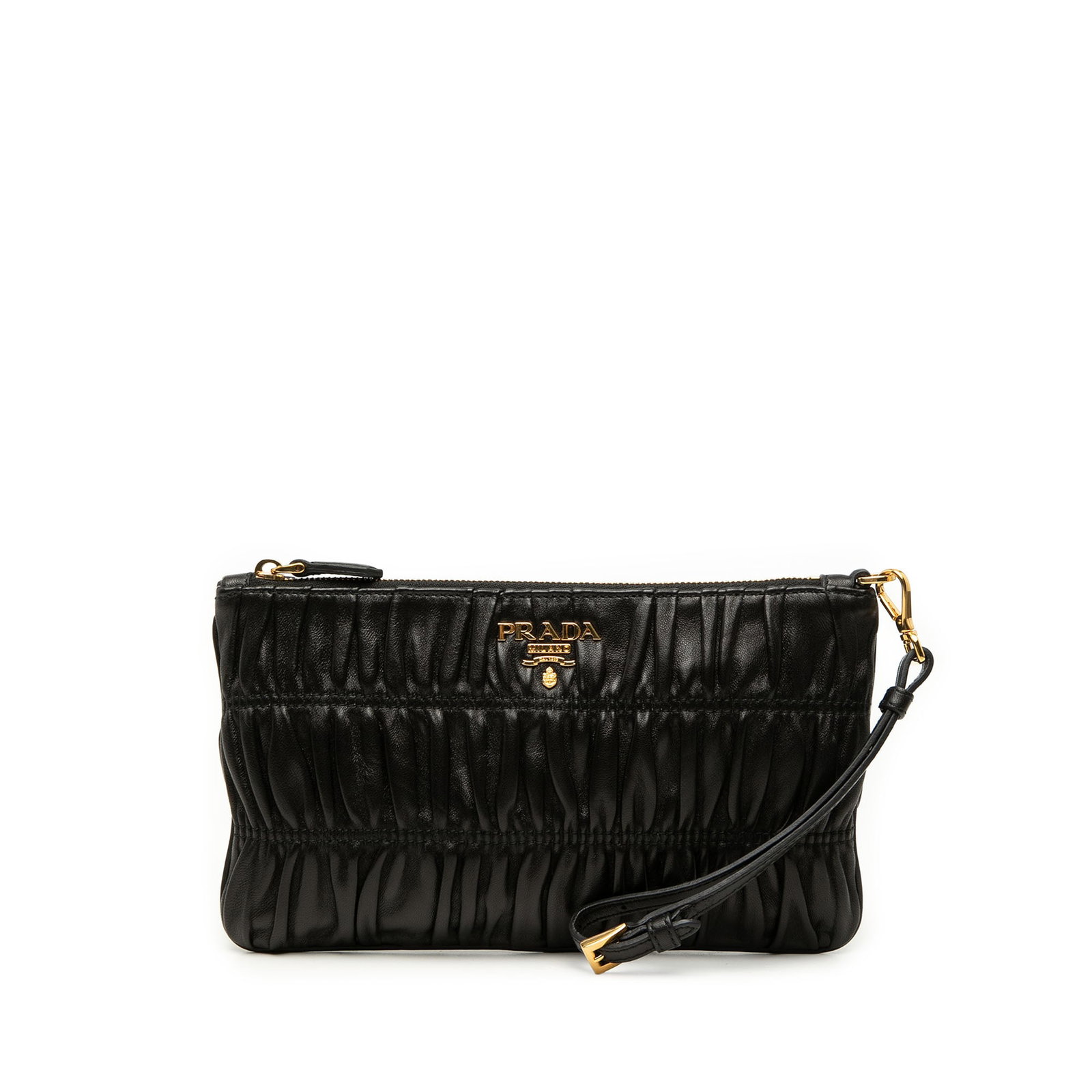 Prada Gaufre black nappa leather wristlet clutch bag: Prada Gaufre black nappa leather wristlet clutch bag Prada Nappa Gaufre wristlet clutch in black gathered nappa leather. This clutch features a flat leather wrist strap, top zip closure, and interior 
