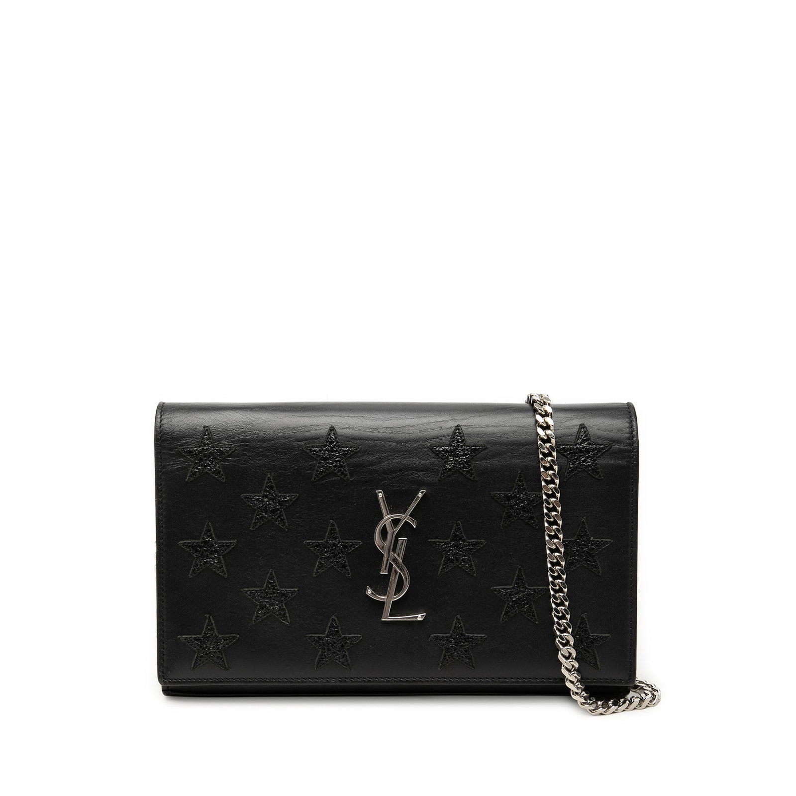 Saint Laurent Kate Wallet on Chain black leather star applique: Saint Laurent Kate Wallet on Chain black leather star applique Saint Laurent Kate wallet on chain in black calfskin leather with star applique detailing. This crossbody bag features a front flap with 