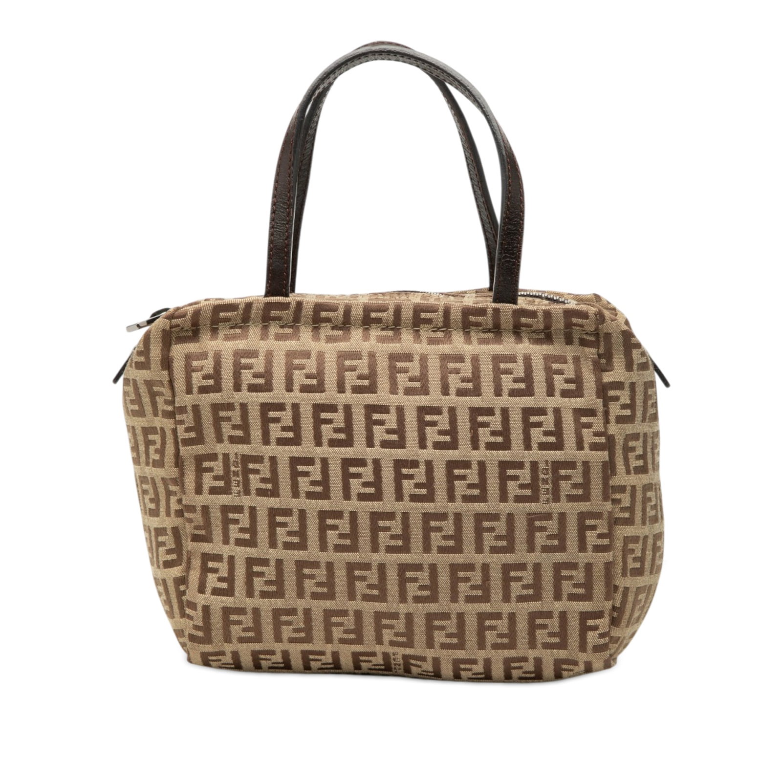Fendi Zucchino mini canvas top zip handbag: Fendi Zucchino mini canvas top zip handbag This Fendi Mini Zucchino Canvas Handbag features a beige canvas body with flat leather handles and a top zip closure. The bag displays signs of wear, includi
