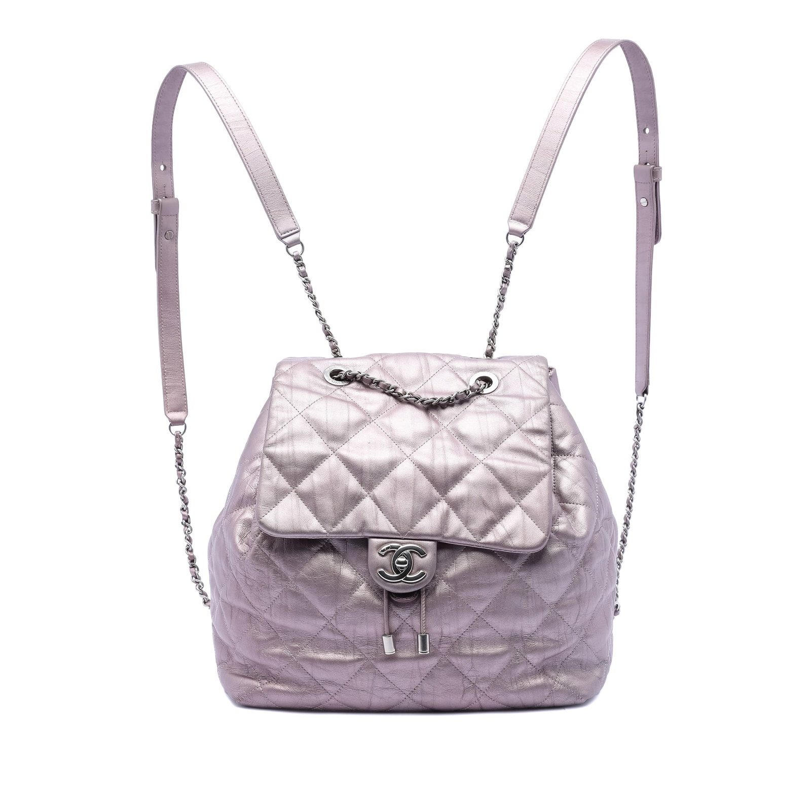 Chanel Ground Control Pink Quilted Iridescent Leather Flap Backpack: Chanel Ground Control Pink Quilted Iridescent Leather Flap Backpack This Chanel backpack features a quilted iridescent calfskin leather body in pink, complemented by leather-woven chain back straps wi