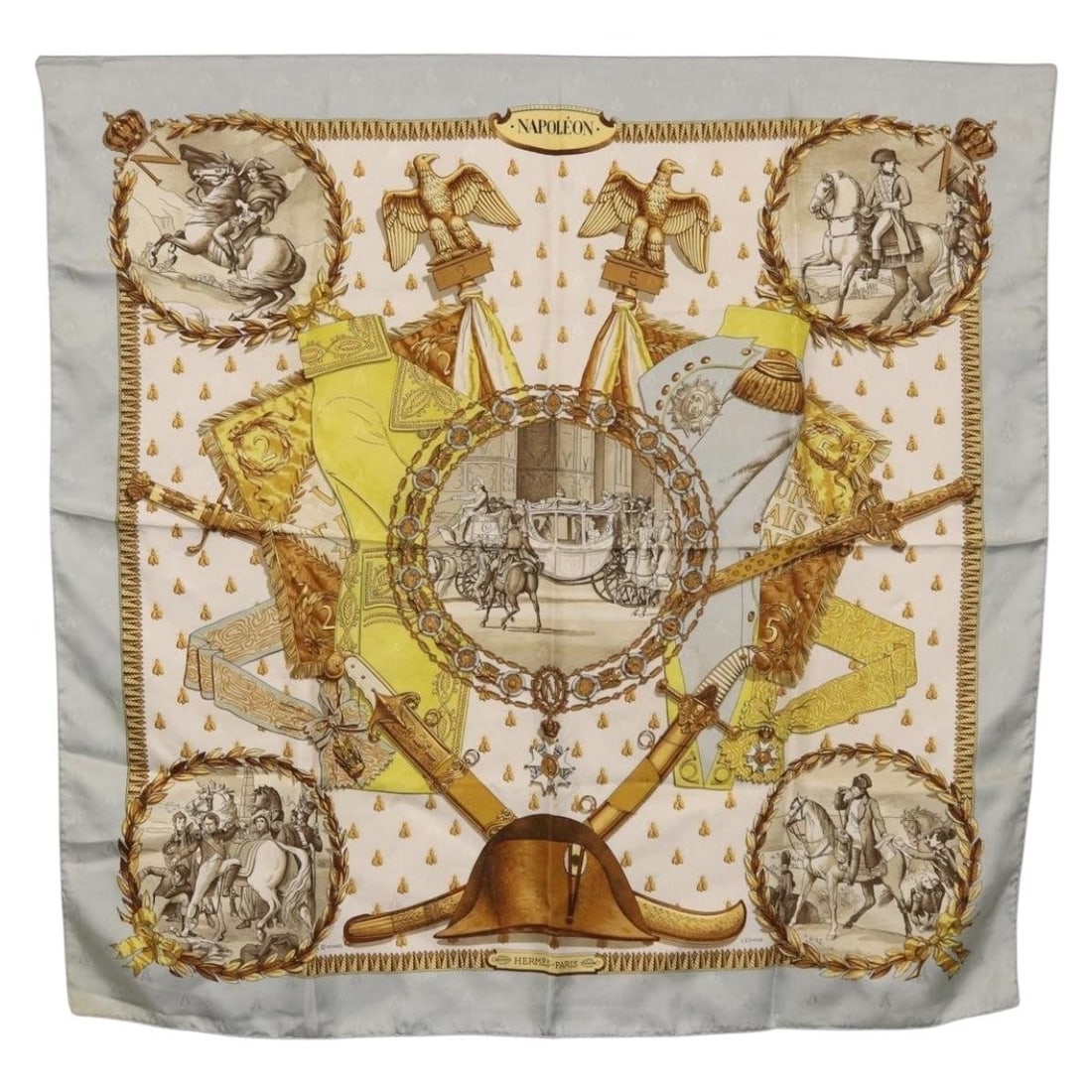 Hermes Napoleon Carre 90 Silk Scarf Gray France: Hermes Napoleon Carre 90 Silk Scarf Gray France Hermes Carre 90 "Napoleon" scarf in gray silk. This women's scarf is made in France and shows heavy use, with rubbing, slight staining, wrinkles, and st