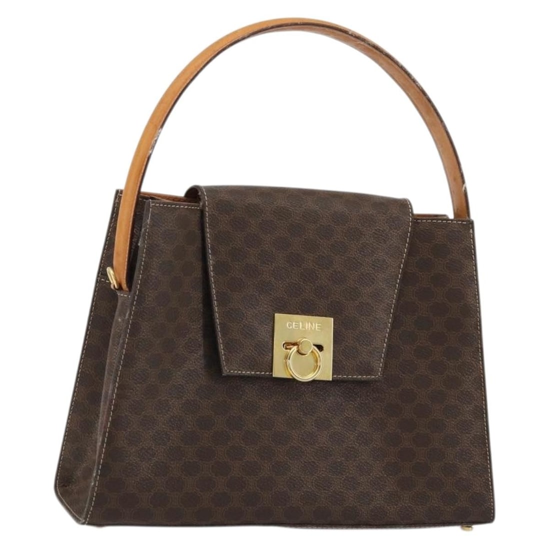 Brown Gold Macadam Canvas Hand Bag CELINE PVC Leather: Brown Gold Macadam Canvas Hand Bag CELINE PVC Leather Celine Macadam canvas hand bag in brown with gold-tone accents, crafted with PVC leather trim. Made in Italy, this women's bag is offered as the i