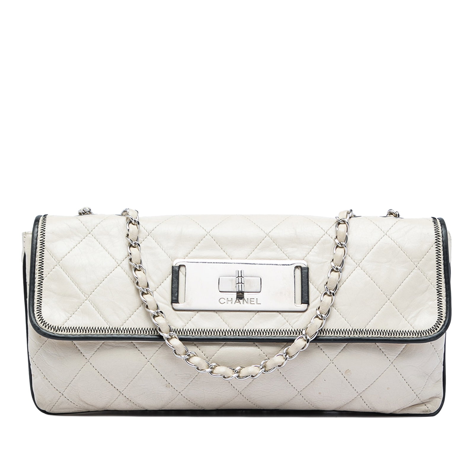 Chanel Reissue 2.55 East West Flap White Lambskin Shoulder Bag: Chanel Reissue 2.55 East West Flap White Lambskin Shoulder Bag Quilted aged lambskin Reissue 2.55 East West flap shoulder bag with leather-woven chain link shoulder straps, a front flap with Mademoise