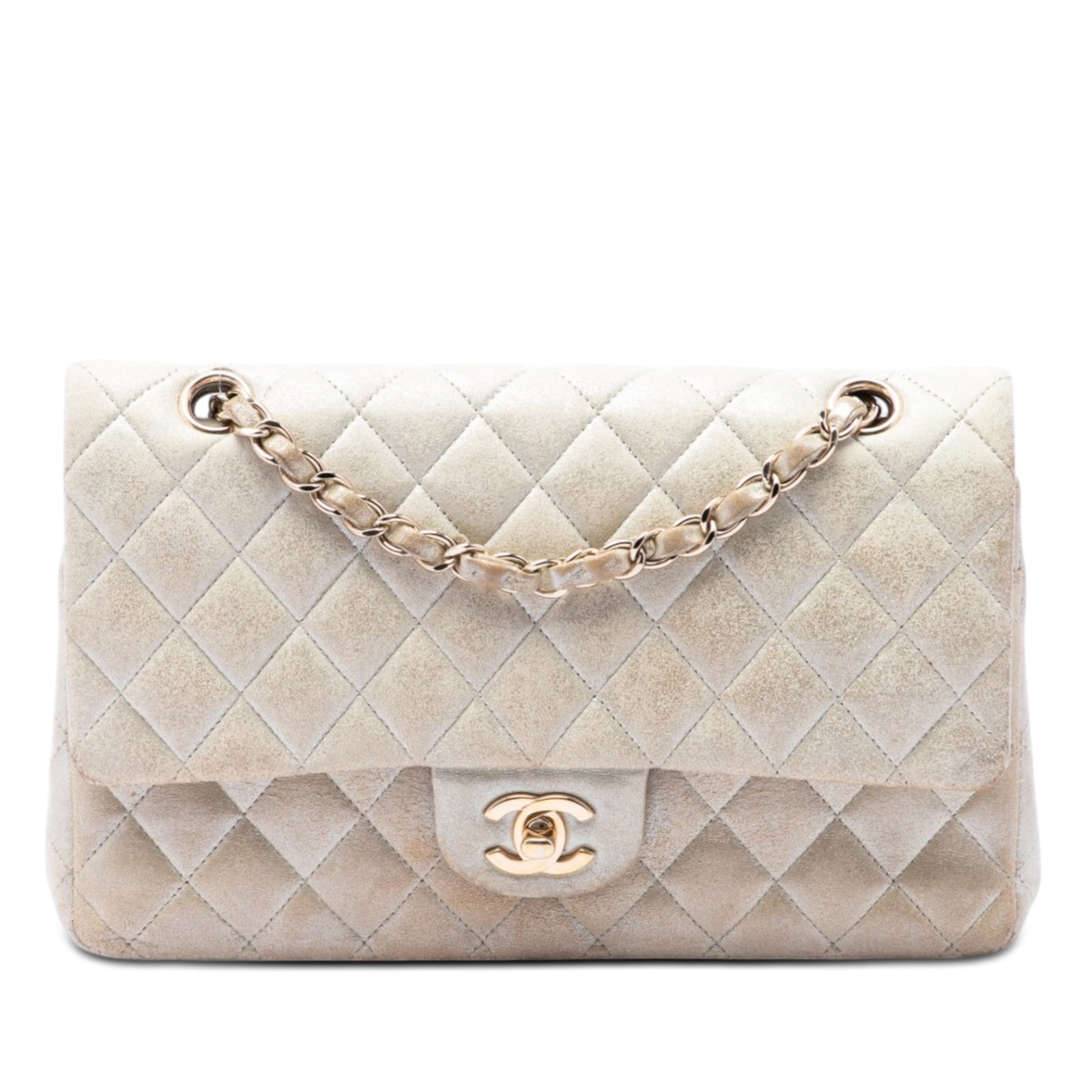 Chanel Medium Classic Double Flap Bag Iridescent Lambskin: Chanel Medium Classic Double Flap Bag Iridescent Lambskin Chanel Medium Classic Iridescent Lambskin Double Flap bag crafted with a quilted iridescent lambskin leather body and leather-woven chain stra