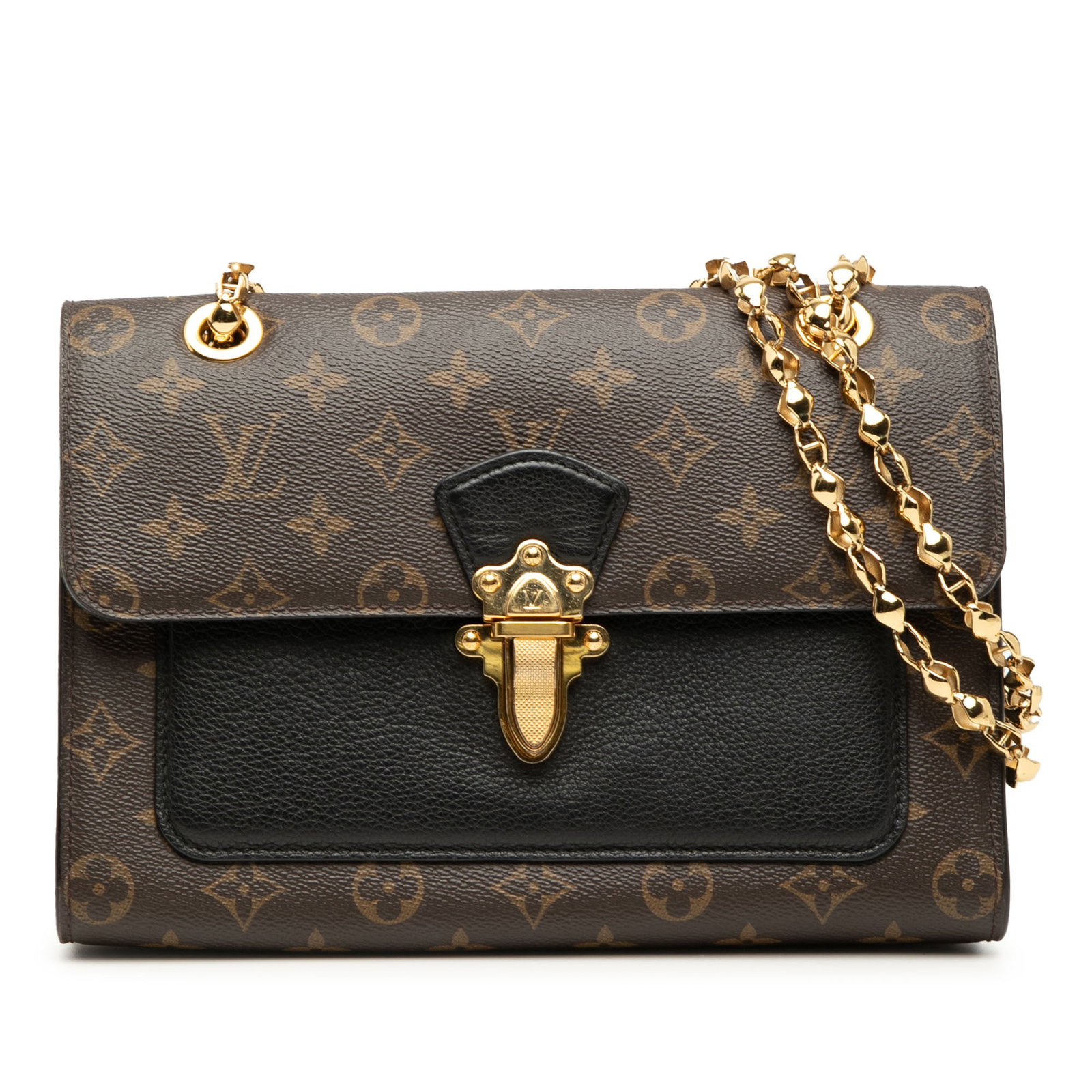 Louis Vuitton Victoire Monogram Canvas Shoulder Bag: Louis Vuitton Victoire Monogram Canvas Shoulder Bag Louis Vuitton Monogram Victoire shoulder bag in brown monogram canvas with a chain link shoulder strap and front flap closure. The interior includes