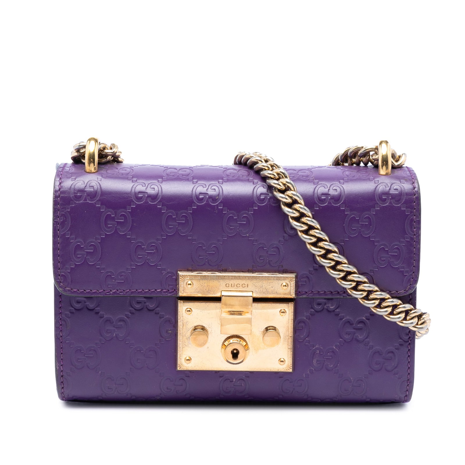 Gucci Padlock Small Guccissima Leather Crossbody Bag Purple: Gucci Padlock Small Guccissima Leather Crossbody Bag Purple Small Guccissima Padlock crossbody bag in purple embossed leather with a front flap and push-lock closure. The design includes a gold-tone c