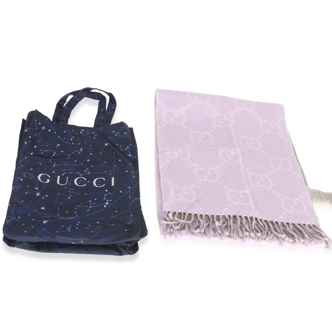Gucci GG Monogram Purple Gray Fringe Scarf with Box Tag: Gucci GG Monogram Purple Gray Fringe Scarf with Box Tag This pre-owned Gucci scarf features the iconic GG monogram in a purple and gray color scheme, crafted from quality fabric. Designed with fringe 