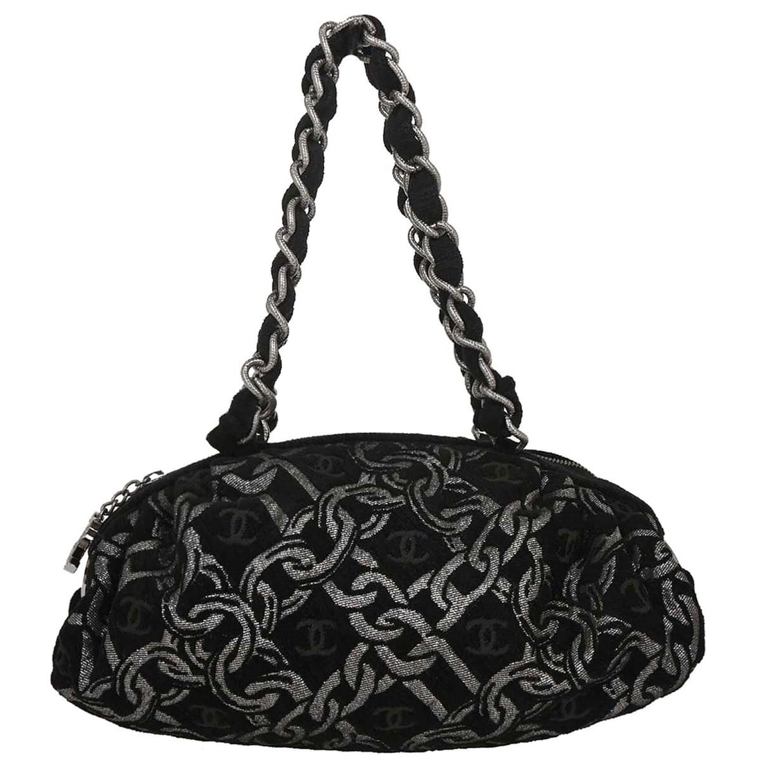 Chanel Black Printed Jacquard Vintage Bowler Bag Cotton Italy: Chanel Black Printed Jacquard Vintage Bowler Bag Cotton Italy This Chanel Vintage Zip Bowler Bag is crafted from printed jacquard cotton in black. Designed for women, it features a classic bowler silh