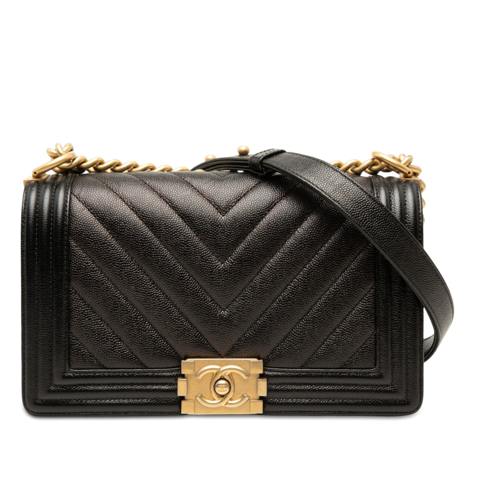 Chanel Boy Flap Old Medium Chevron Caviar Leather Bag: Chanel Boy Flap Old Medium Chevron Caviar Leather Bag Chanel Old Medium Boy Flap bag in black chevron caviar leather. This flap bag features a chain link shoulder strap with a leather guard, a front f