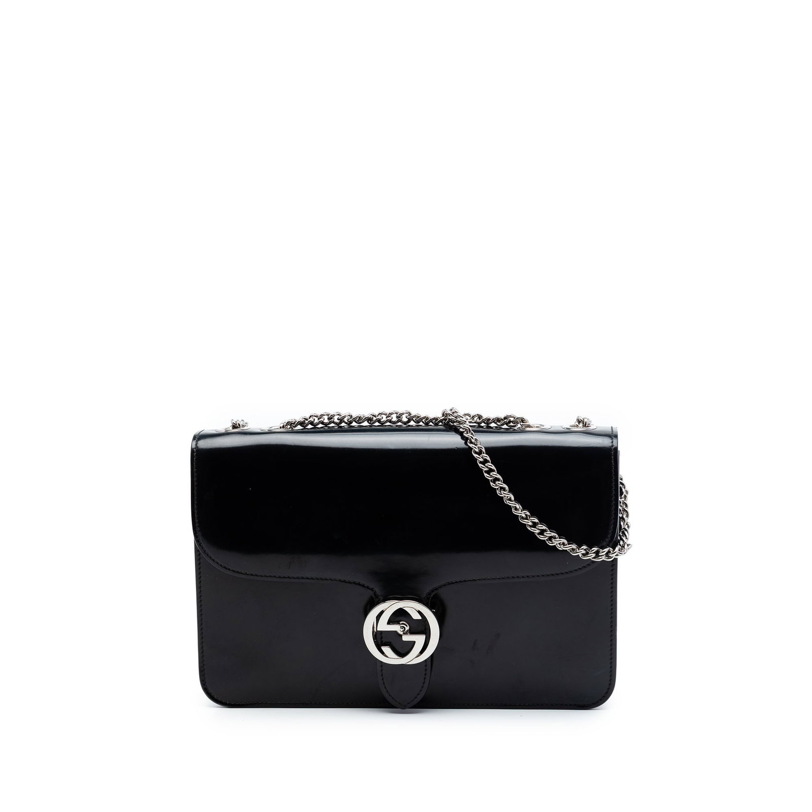 Gucci Interlocking G Medium Patent Leather Crossbody Bag: Gucci Interlocking G Medium Patent Leather Crossbody Bag Gucci Medium Interlocking G crossbody bag in black patent leather with a chain-link strap and flap front with GG flip-lock closure. The interio