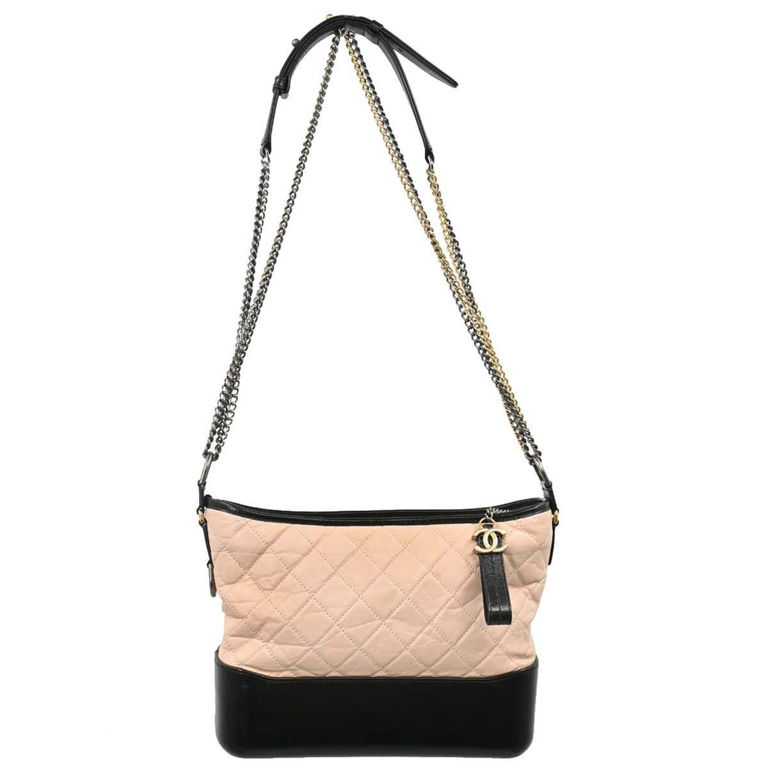 CHANEL Gabrielle Medium Shoulder Bag Beige Black Calfskin Leather: CHANEL Gabrielle Medium Shoulder Bag Beige Black Calfskin Leather Chanel Gabrielle medium shoulder bag in beige and black leather with a quilted design and zip closure. Made in Italy, this women's bag