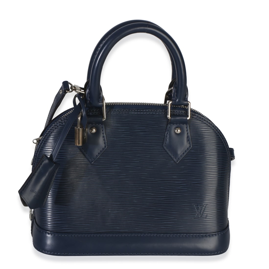 Louis Vuitton Alma BB Blue Epi Leather Top Handle Bag: Louis Vuitton Alma BB Blue Epi Leather Top Handle Bag A pre-owned Louis Vuitton Navy Epi Alma BB handbag in blue leather with a zip-around closure and silver-tone hardware. It features a microfiber li