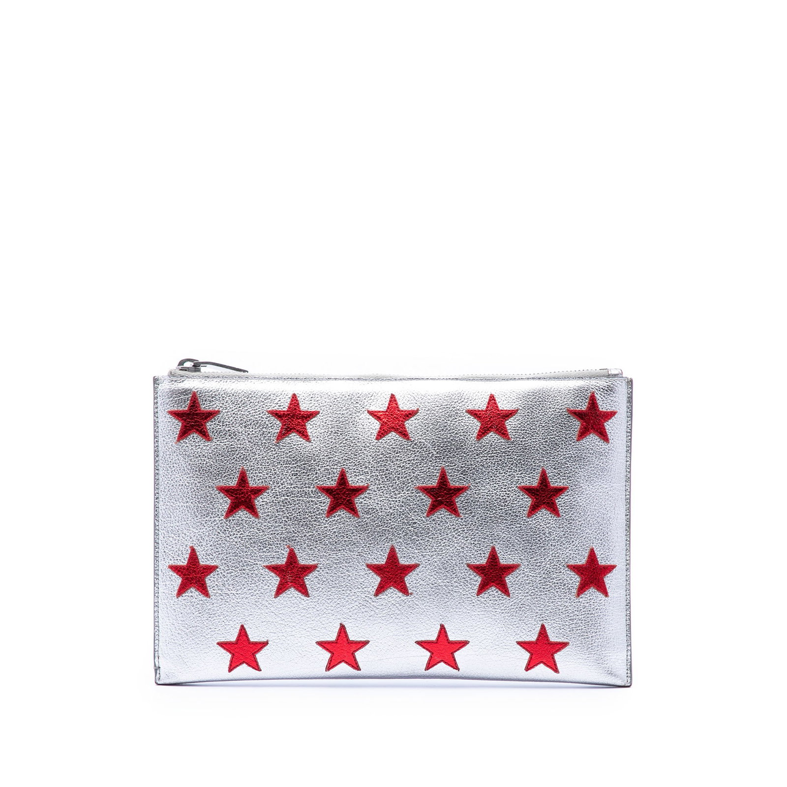 Saint Laurent Leather Star Zip Clutch Bag Silver: Saint Laurent Leather Star Zip Clutch Bag Silver Saint Laurent Leather Star Clutch in silver leather with star patches and a top zip closure. Made in Italy. Condition is B+ with noted wear including c