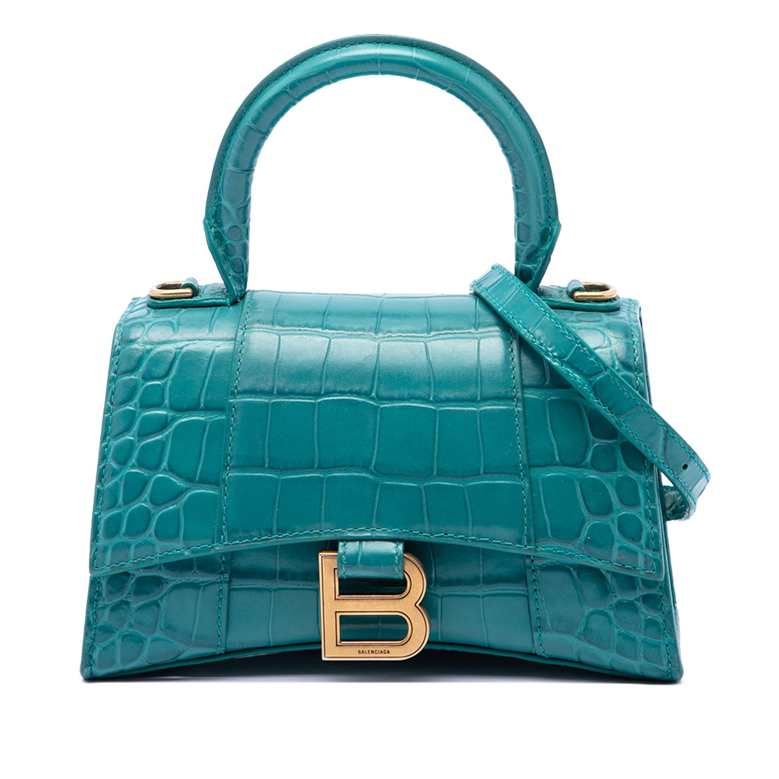 Balenciaga Hourglass XS Blue Croc Embossed Calfskin Satchel: Balenciaga Hourglass XS Blue Croc Embossed Calfskin Satchel Balenciaga Hourglass XS top handle bag in blue croc-embossed calfskin. This satchel features a rolled leather top handle, a detachable and a
