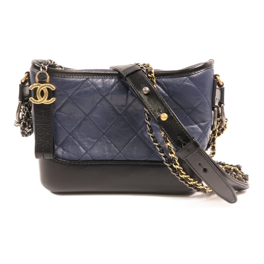 CHANEL Gabrielle A91810 Small Shoulder Bag Blue Black Calfskin GHW: CHANEL Gabrielle A91810 Small Shoulder Bag Blue Black Calfskin GHW CHANEL Gabrielle Small Shoulder Bag in calfskin (cowhide) leather, presented in blue and black. This shoulder bag is a regular-size w