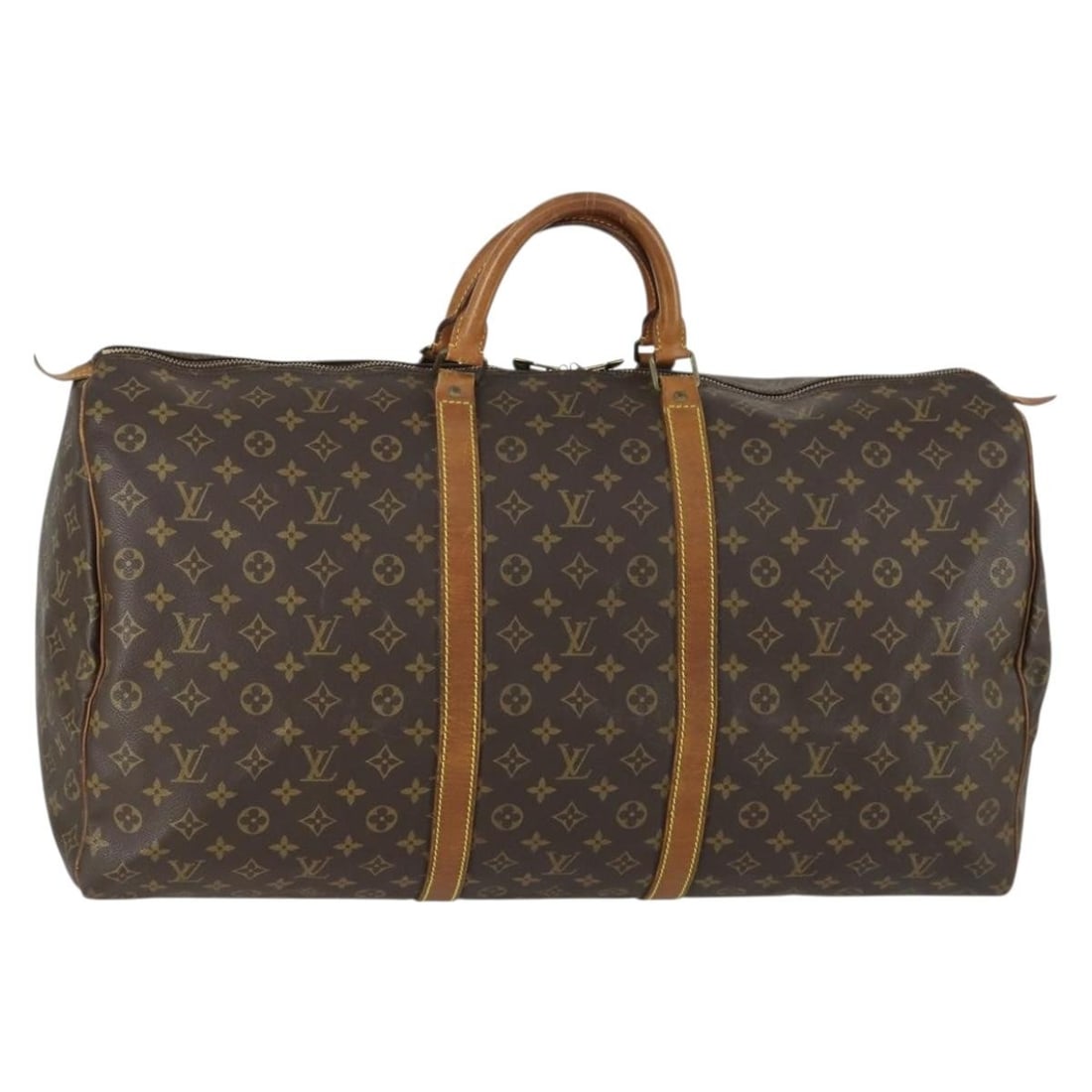 Keepall Monogram Canvas Travel Bag by Louis Vuitton: Keepall Monogram Canvas Travel Bag by Louis Vuitton This Louis Vuitton Keepall bag is crafted from signature brown monogram canvas and is designed for unisex use. The bag features leather trim and han