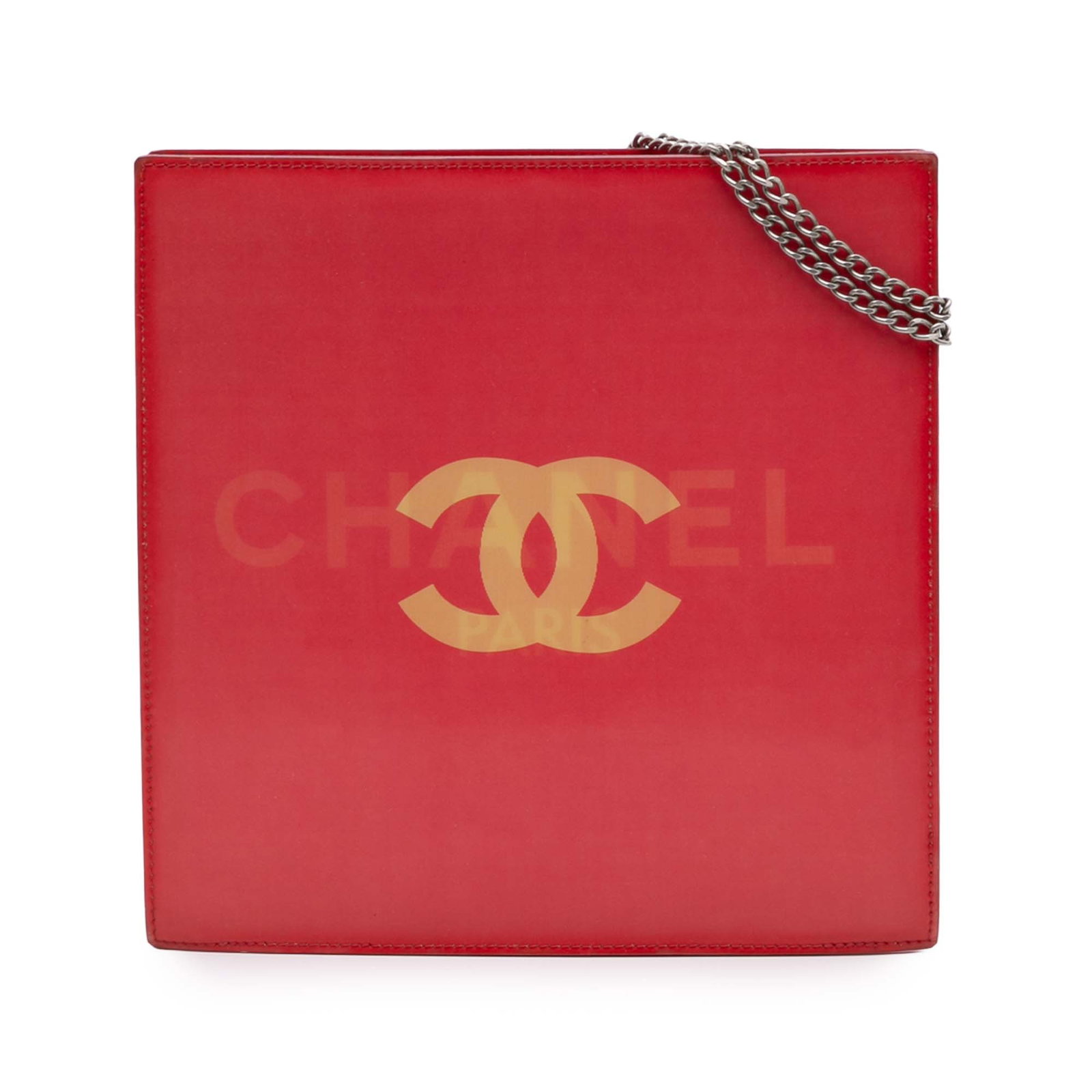 Chanel Vinyl Hologram CC Red Shoulder Bag: Chanel Vinyl Hologram CC Red Shoulder Bag This Chanel Vinyl Hologram CC Shoulder Bag is a stylish accessory featuring a vibrant red vinyl body paired with silver-tone chain straps. It has an open top 