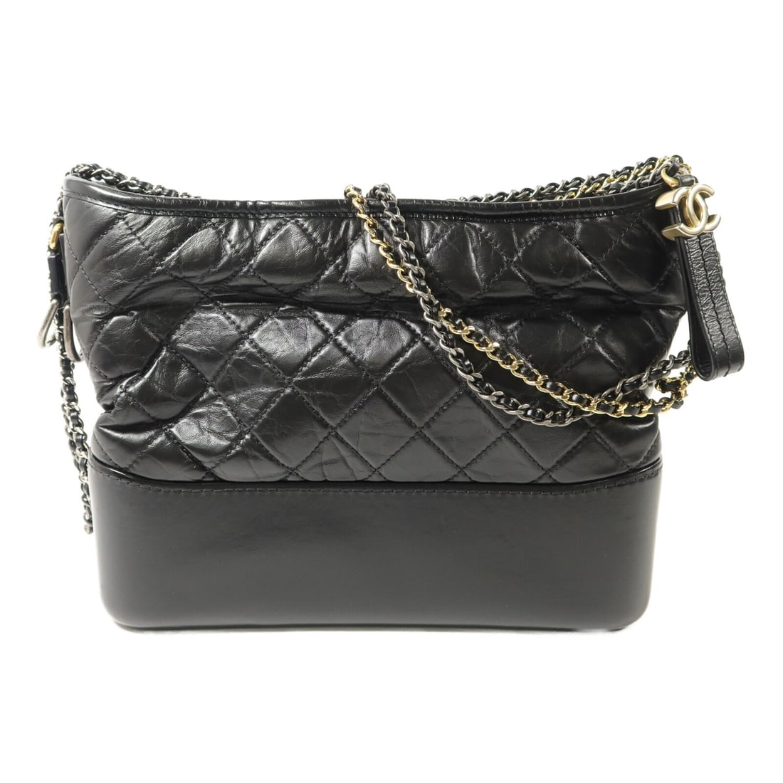 CHANEL Gabrielle A93824 Medium 2 Way Shoulder Bag Black Calfskin: CHANEL Gabrielle A93824 Medium 2 Way Shoulder Bag Black Calfskin A CHANEL Gabrielle Medium Chain Shoulder Bag in black calfskin leather, designed as a 2-way shoulder bag. It features a black frame col