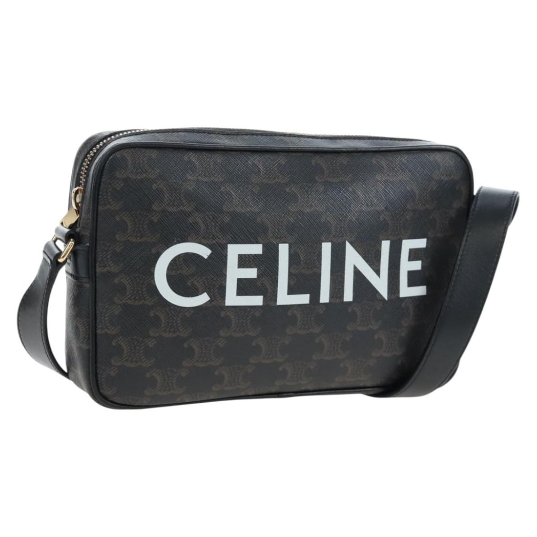 CELINE Triomphe PVC Leather Shoulder Bag Black Gold Tone: CELINE Triomphe PVC Leather Shoulder Bag Black Gold Tone Authentic CELINE Triomphe shoulder bag in black PVC leather with gold tone accents. Made in Italy, this women's bag features a slim profile and