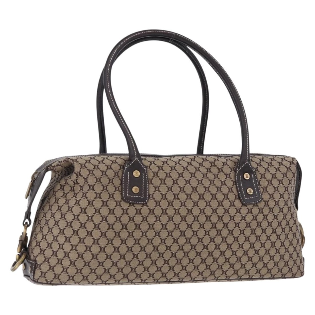 CELINE Macadam Canvas Boston Bag Beige Gold Tone Italy: CELINE Macadam Canvas Boston Bag Beige Gold Tone Italy This CELINE Boston bag is crafted in Macadam canvas with a beige and gold tone colorway. Made in Italy, it features a structured Boston bag style