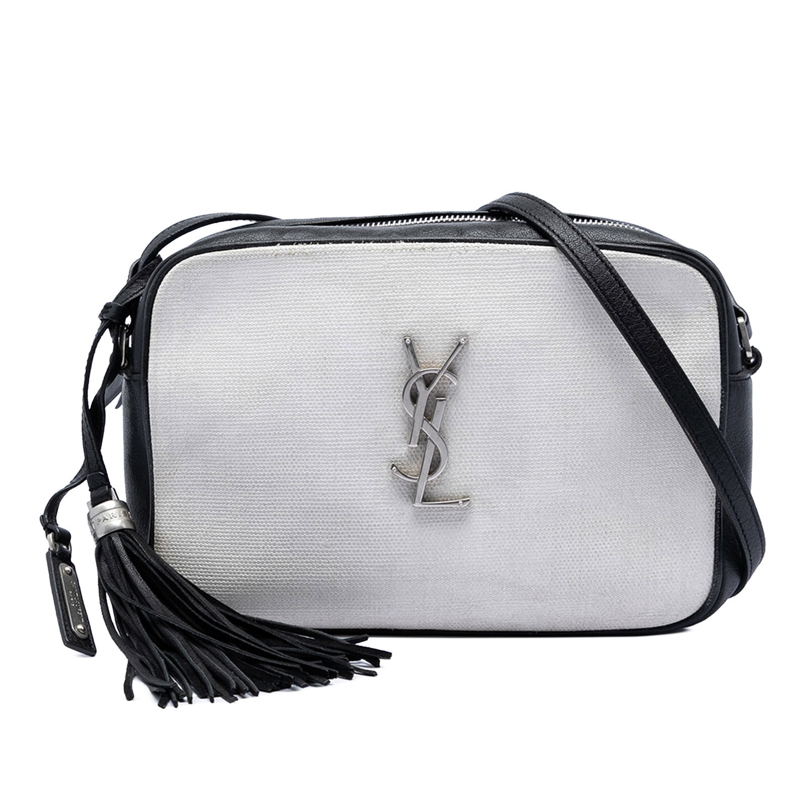 Saint Laurent Lou Monogram Canvas Camera Bag: Saint Laurent Lou Monogram Canvas Camera Bag This Saint Laurent Canvas Monogram Lou Camera Bag features a canvas body with leather trim, an adjustable flat leather strap, a leather tassel detail, a to