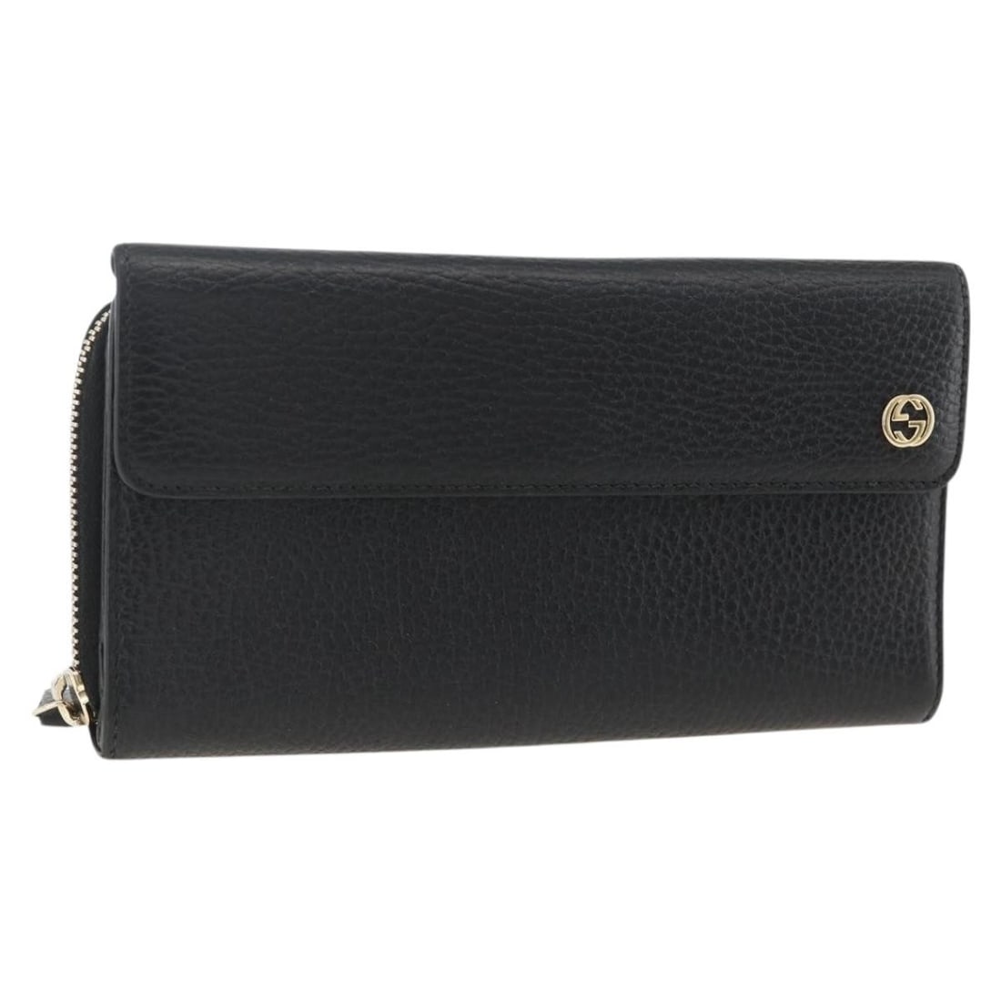 Gucci Black Leather Gold Accent Long Wallet for Women: Gucci Black Leather Gold Accent Long Wallet for Women This Gucci long wallet features a sleek black leather exterior with gold-tone accents. Designed for women, it offers a refined and timeless look. 
