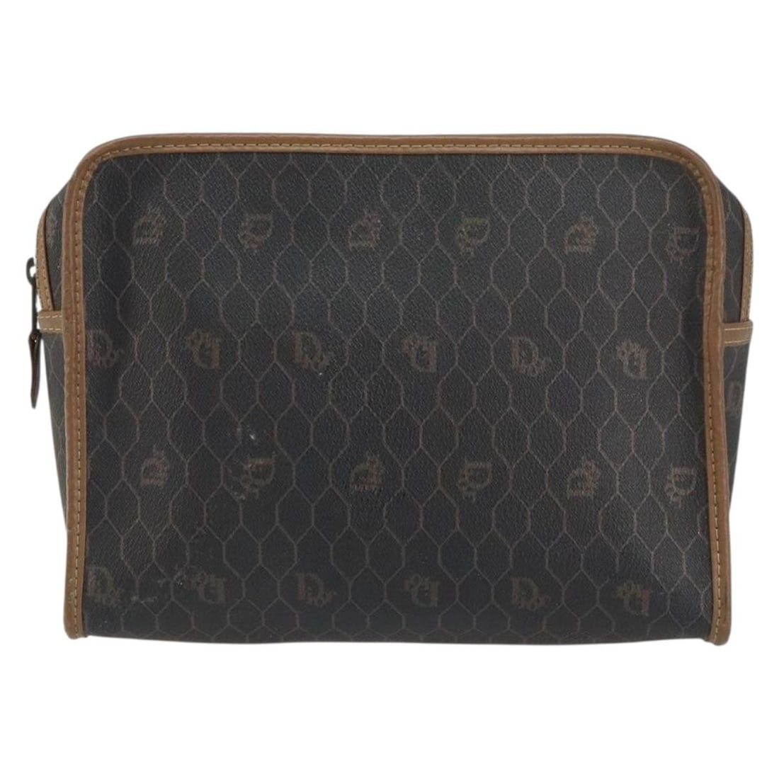 Vintage Dior Honeycomb Canvas and Leather Zip Pouch for Women: Vintage Dior Honeycomb Canvas and Leather Zip Pouch for Women This vintage Christian Dior Honeycomb zip pouch features a black canvas exterior with leather accents. Designed for women, it offers compa