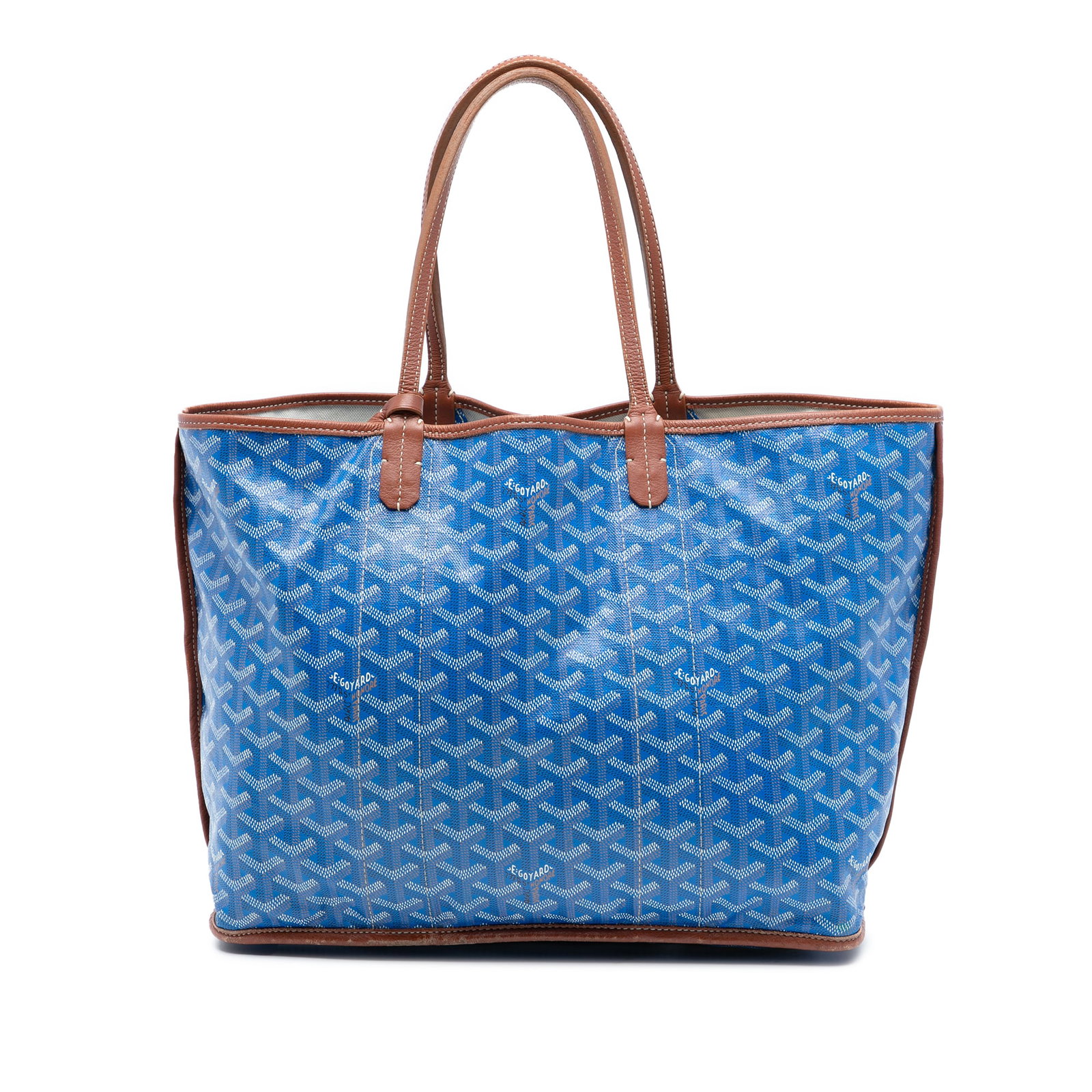Goyard Goyardine Pertuis PM Blue Reversible Tote with Leather Trim: Goyard Goyardine Pertuis PM Blue Reversible Tote with Leather Trim The Goyardine Reversible Pertuis PM features a coated canvas exterior with leather trim, flat leather straps, an open top, and includ