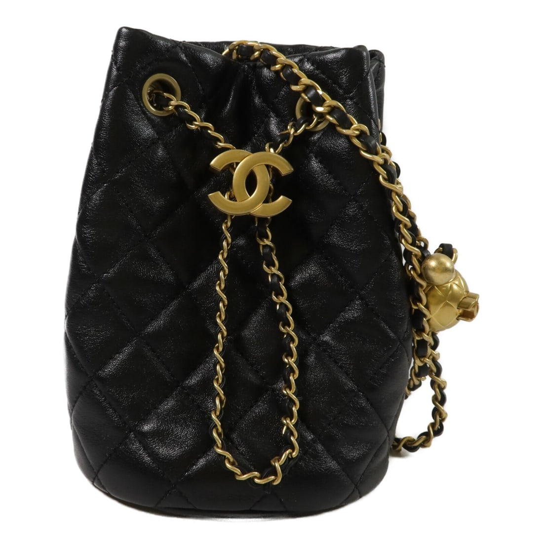 CHANEL AS1894 CC Bucket Shoulder Bag Black Lambskin Gold Tone Chain: CHANEL AS1894 CC Bucket Shoulder Bag Black Lambskin Gold Tone Chain CHANEL CC bucket bag in black lambskin leather with a chain shoulder strap. This women's shoulder bag is model AS1894 and includes s