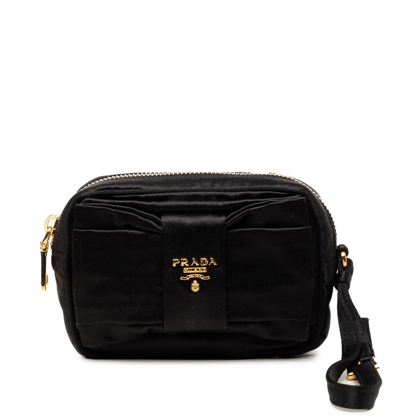 Prada Raso Fiocco satin wristlet pouch with bow detail: Prada Raso Fiocco satin wristlet pouch with bow detail Prada Raso Fiocco Bow Pouch in black fabric with a satin body, bow detail, detachable wrist strap, and top zip closure. Made in Italy. Condition 