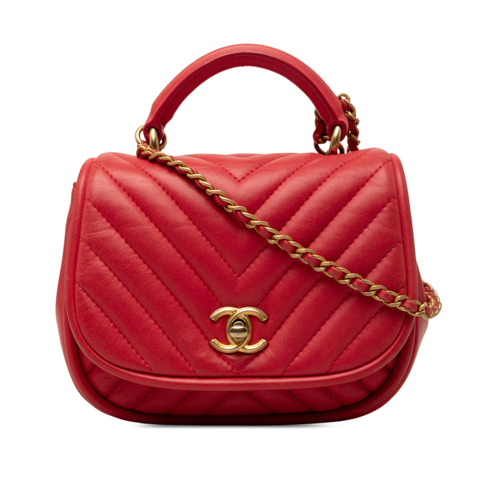 Chanel Mini CC Round Flap Red Chevron Lambskin Satchel: Chanel Mini CC Round Flap Red Chevron Lambskin Satchel Chanel Mini CC Chevron Lambskin Reversed Round Flap satchel in red lambskin leather. This bag features a rolled leather top handle, a leather-wov