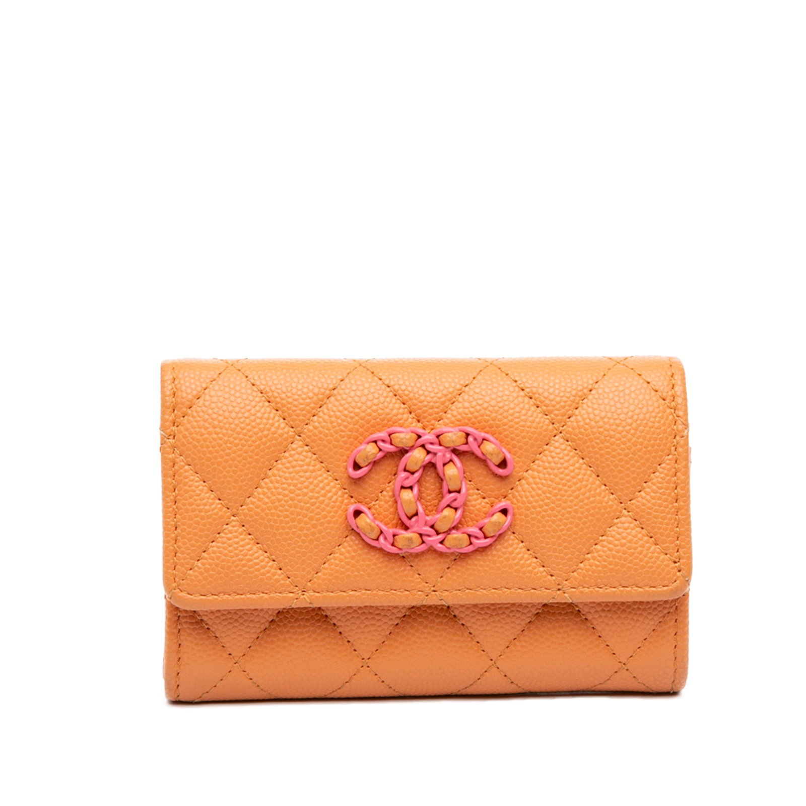 Chanel 19 Flap Card Holder in Orange Quilted Caviar Leather: Chanel 19 Flap Card Holder in Orange Quilted Caviar Leather Quilted caviar leather card holder with a front flap and magnetic snap closure. Includes the dust bag and box. Condition is B+ with wear to 