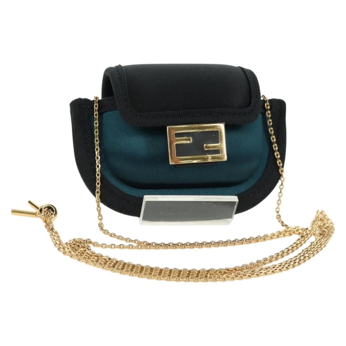 FENDI Picobucket Satin Neck Pouch AirPods Case Black Gold: FENDI Picobucket Satin Neck Pouch AirPods Case Black Gold This FENDI shoulder bag is a Picobucket AirPods case neck pouch in satin with a black and gold colorway. It is made in Italy and comes with a 