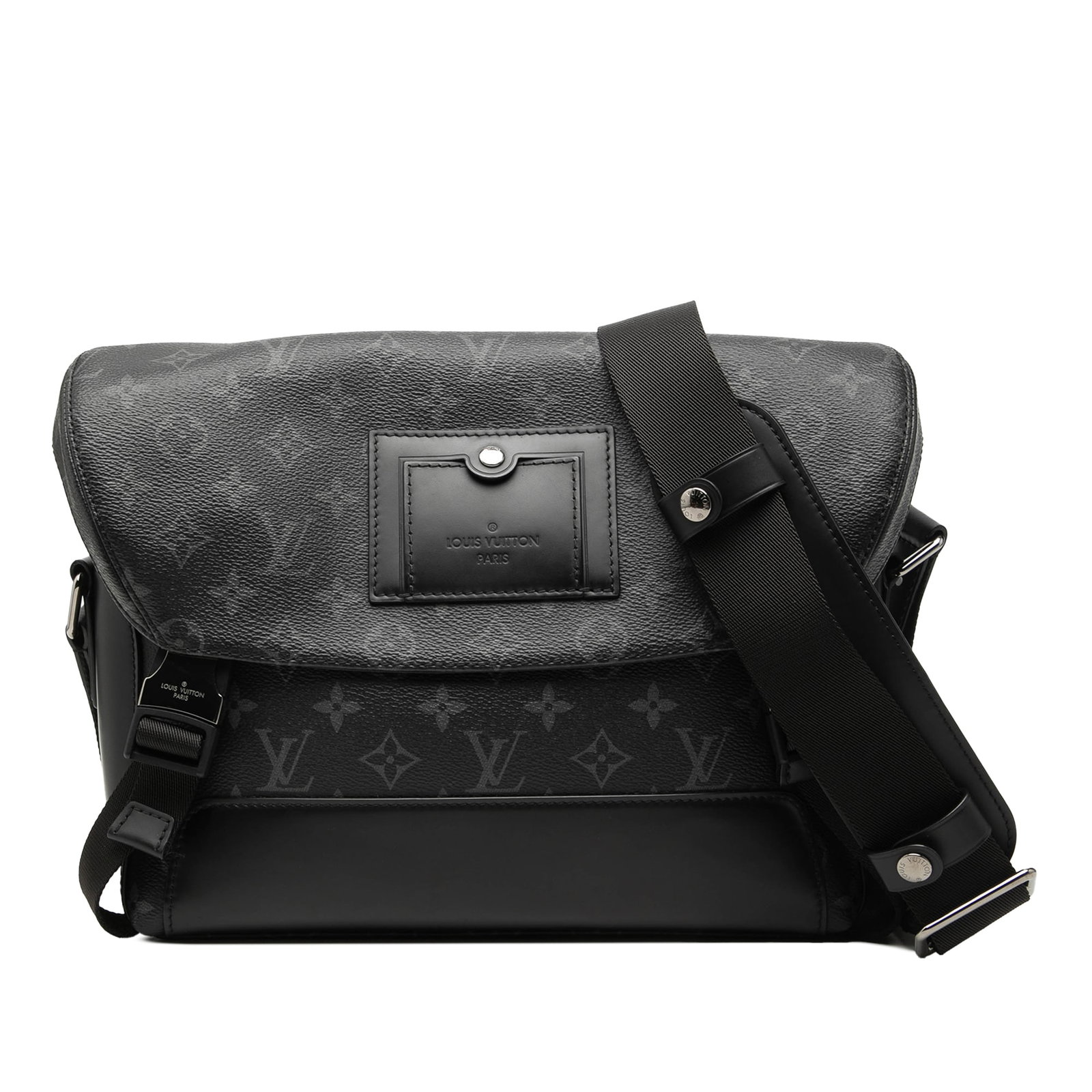 Louis Vuitton Voyager PM Monogram Eclipse Crossbody Bag Black: Louis Vuitton Voyager PM Monogram Eclipse Crossbody Bag Black Louis Vuitton Monogram Eclipse Voyager PM bag with a monogram canvas body, leather trim, an adjustable flat strap, and a front flap with d