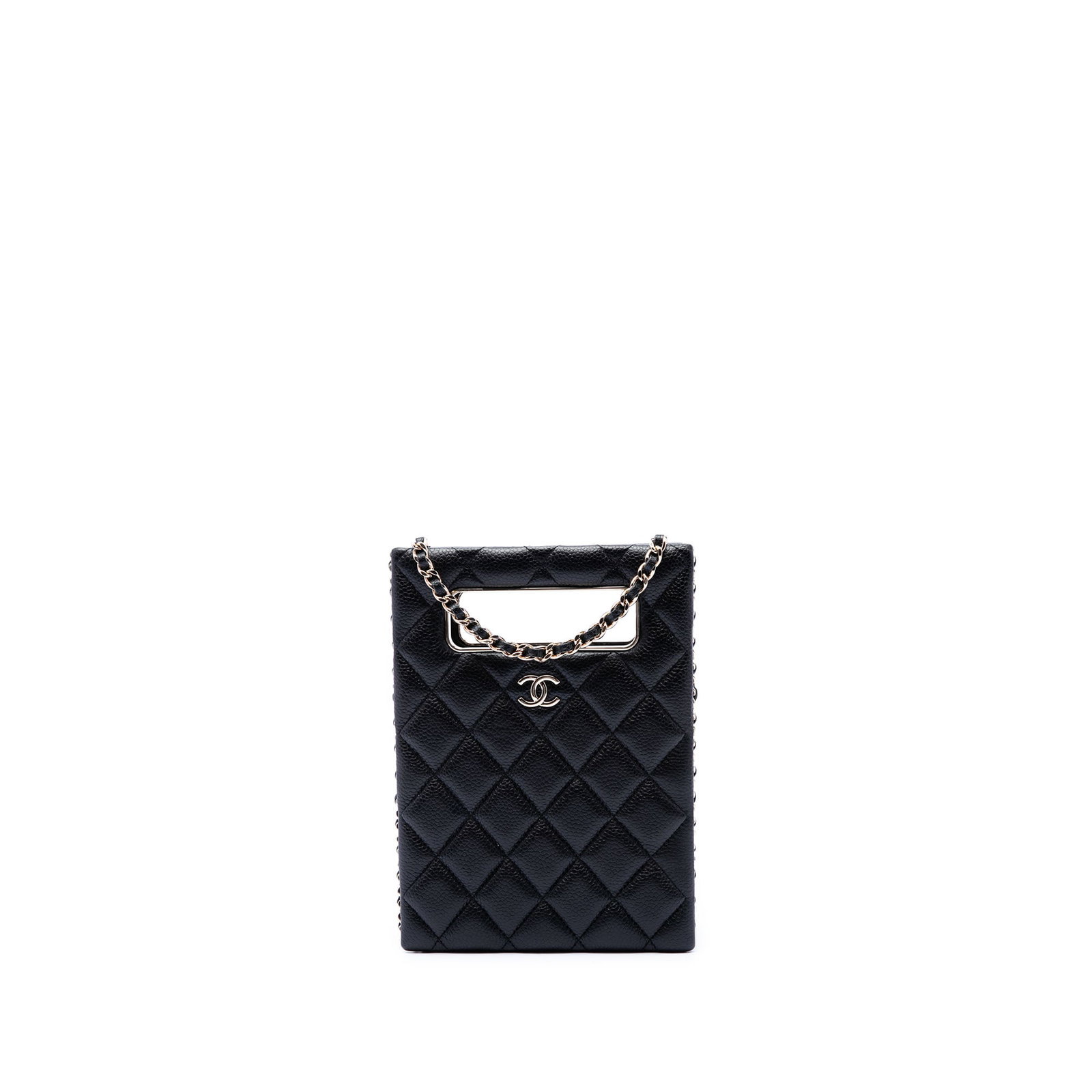 Chanel Chain Around Evening Box Crossbody in Black Quilted Caviar Leather: Chanel Chain Around Evening Box Crossbody in Black Quilted Caviar Leather A Chanel crossbody evening box bag in black quilted caviar leather, featuring cut-out handles, a leather-woven chain link stra