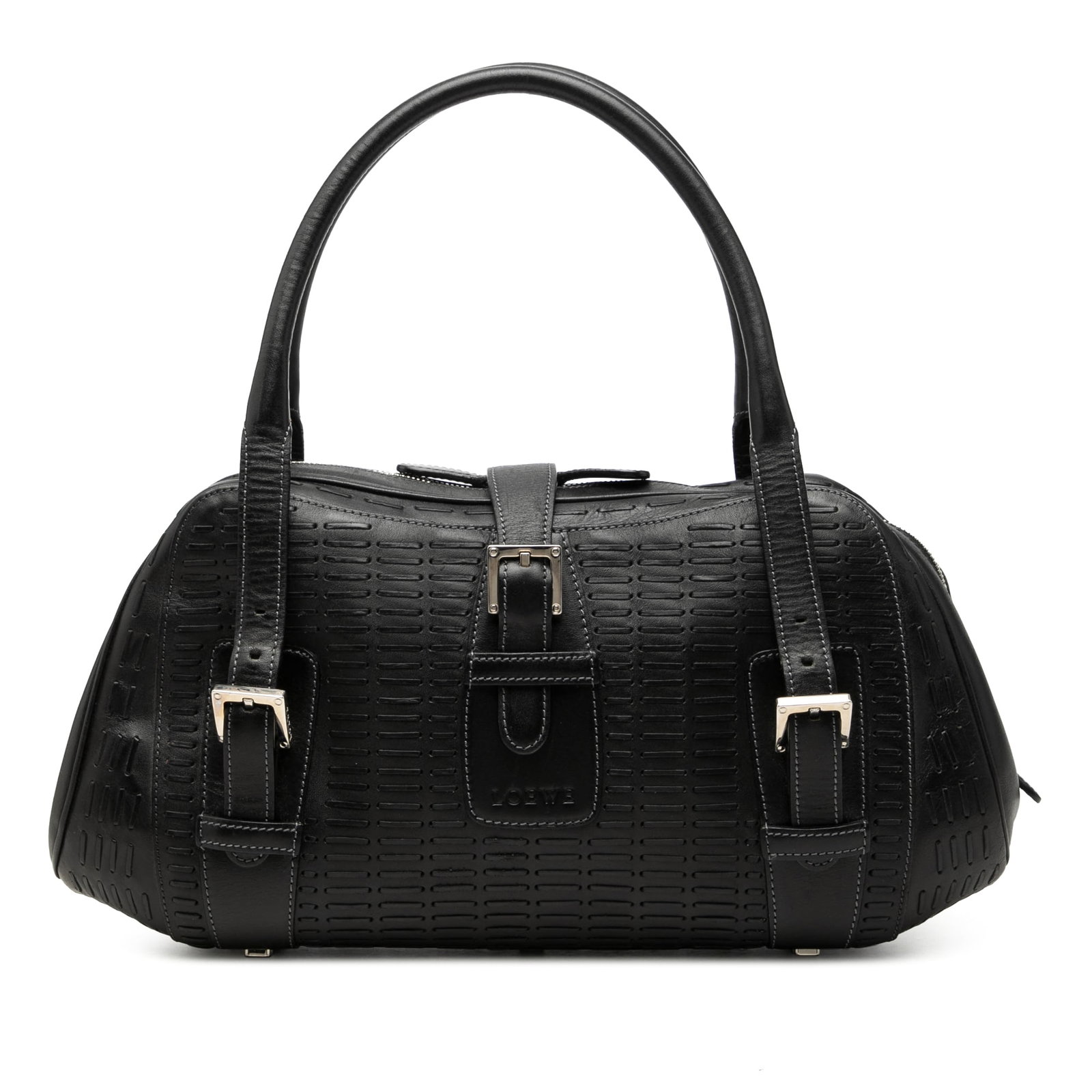 LOEWE Senda Black Leather Top Zip Handbag: LOEWE Senda Black Leather Top Zip Handbag LOEWE Senda handbag crafted in embossed leather with rolled leather handles, a top zip closure, and a top strap with buckle closure. The interior includes zip